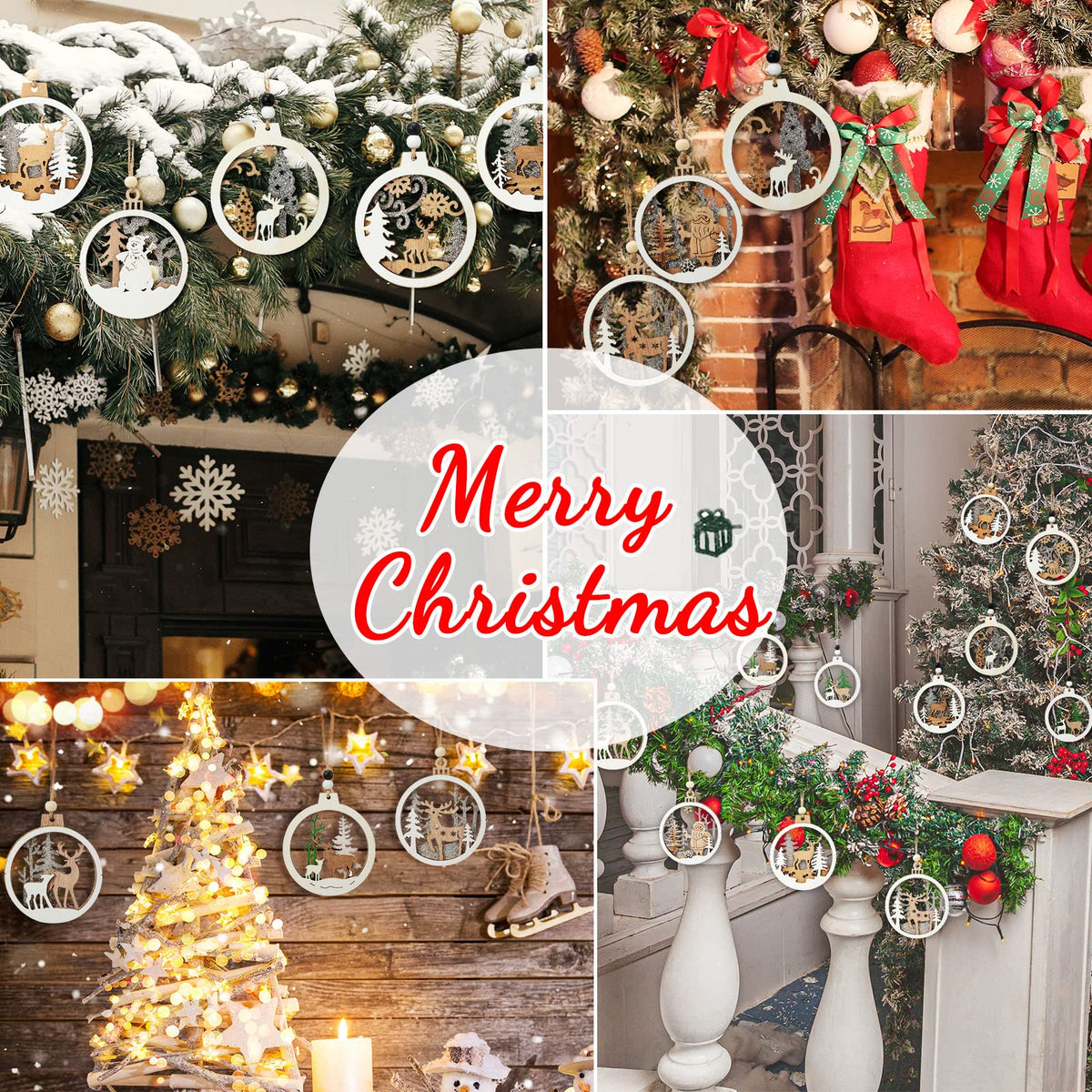 Coume 24 Pcs Christmas Wooden Ornaments Christmas Tree Ornaments Hollow Winter Wood Craved Hanging Craft Decorations Farmhouse Rustic 3D Glitter Reindeer Santa Snowman, 12 Designs