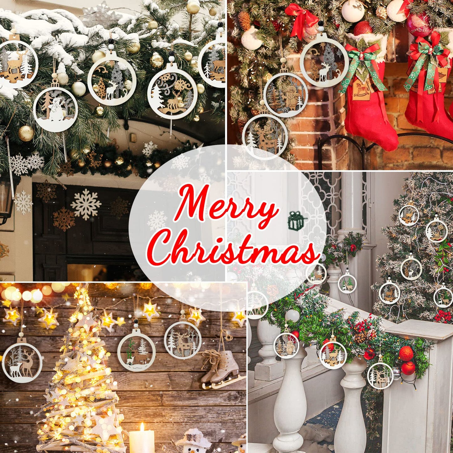 Coume 24 Pcs Christmas Wooden Ornaments Christmas Tree Ornaments Hollow Winter Wood Craved Hanging Craft Decorations Farmhouse Rustic 3D Glitter Reindeer Santa Snowman, 12 Designs