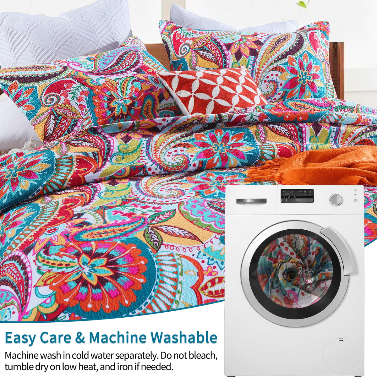 Qucover Cotton Quilt Set, Queen Size, Multicolor Paisley, Boho Style, Soft Lightweight Coverlet with 2 Pillow Shams, 90x98 Inches