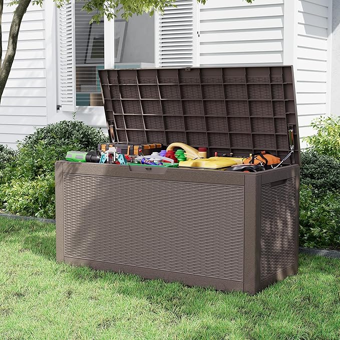 Outdoor Storage Box, Resin Deck Boxes Indoor and outdoor, Waterproof Storage Box Lockable Lid (Grey, 101 Gallon)