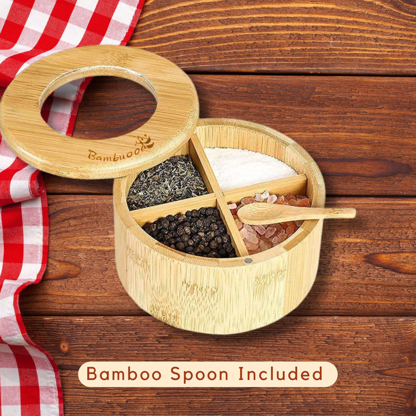 Bambuood Premium 4 Compartments Salt & Spice Cellar with Spoon - Swivel Magnetic Lid for Convenient Seasoning Access - 100% Natural Bamboo - Elegant and Eco-Friendly Kitchen Accessory.