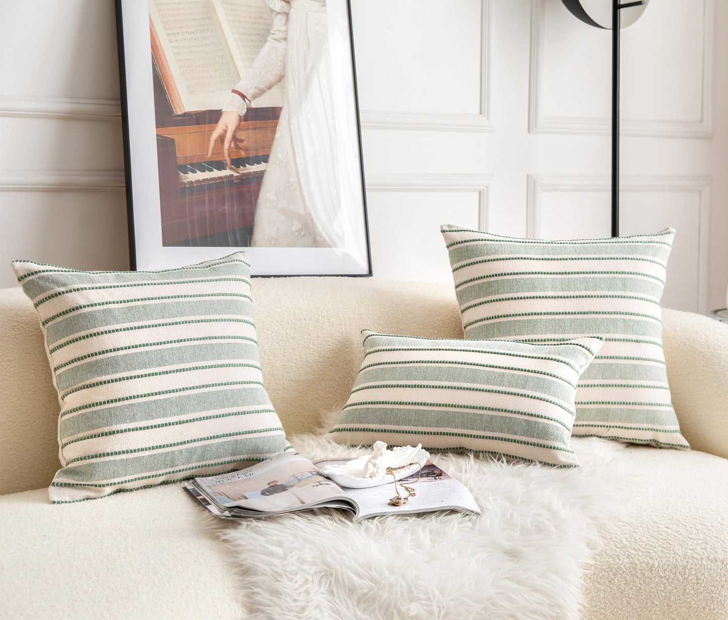 Cethom Decorative Boho Throw Pillow Covers, Farmhouse Textured Pillow Case, 20 x 20 Inch Set of 2, Chair Sofa Bedroom Living Room Home Decor Couch Cushion Case, Green and Beige Striped