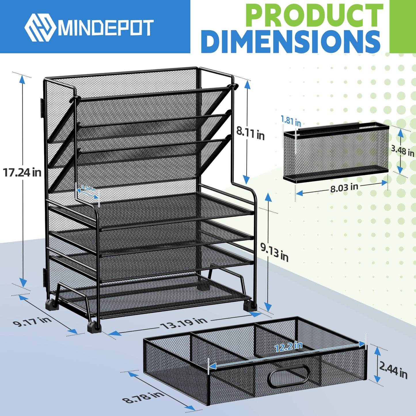 MINDEPOT 4-Tier Paper Organizer + 3-Pocket File Holder + Drawer + Pen Holders, Desktop File Organizers Paper Tray for Office Accessories School Classroom Organization (Black)