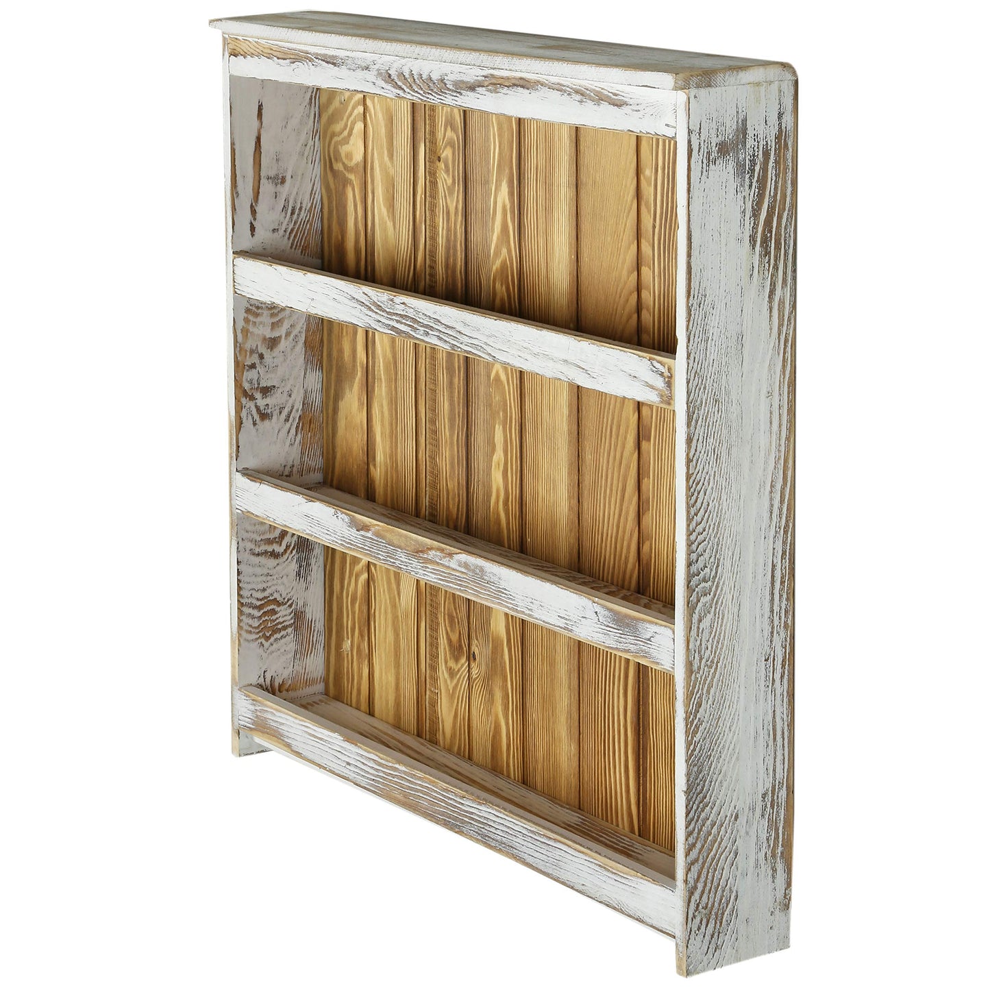 MyGift 3 Tier Spice Rack Wall Mount, Hanging Kitchen Pantry Storage Shelf for Seasoning Jars or Condiment Bottles, Shabby White Washed and Rustic Natural Burnt Solid Wood