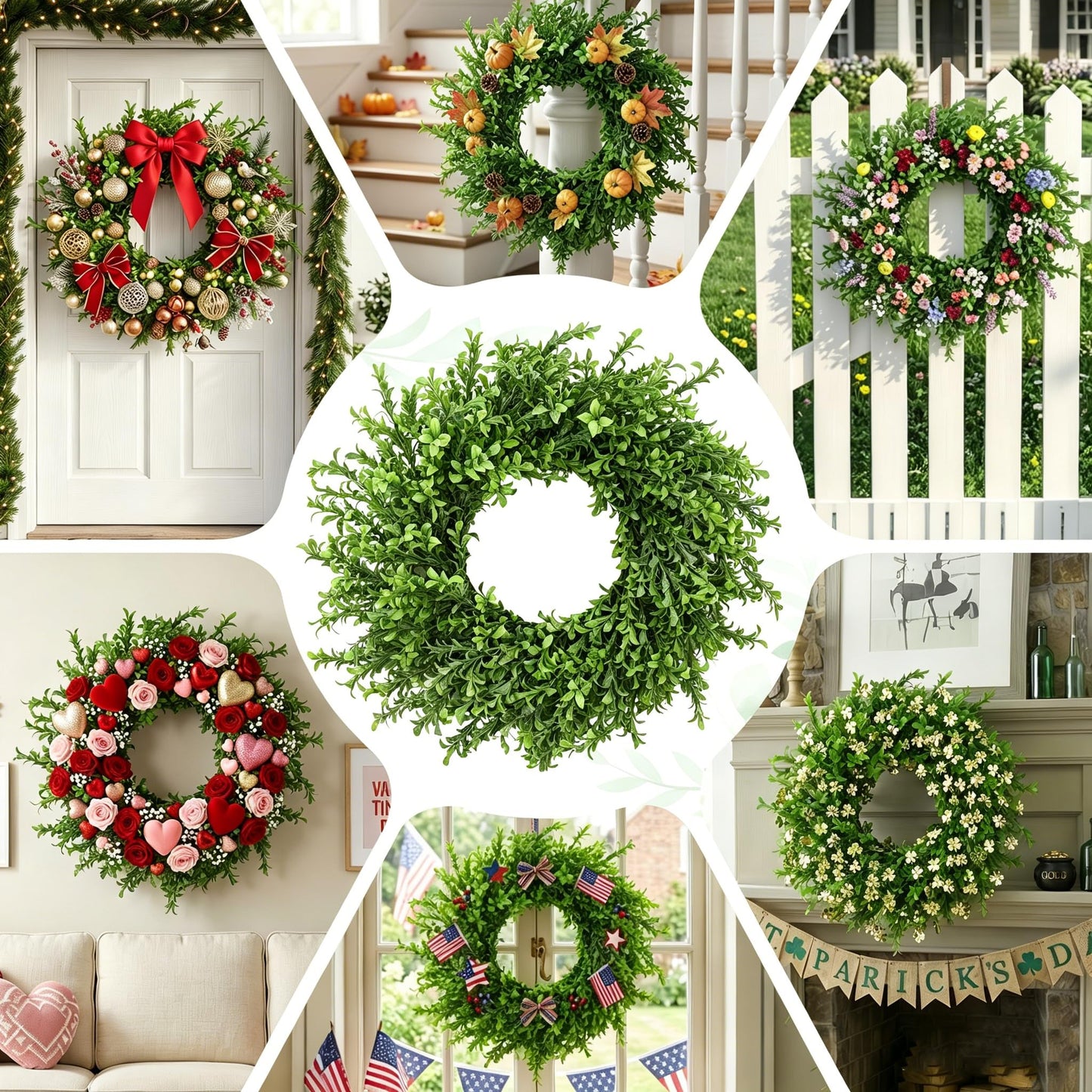 Koimiao Artificial Boxwood Wreath, Spring Wreath for Front Door, Realistic Green Wreath for All Seasons Farmhouse (Green-02)