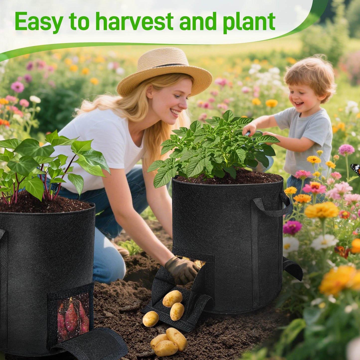 4 Pcs 15 Gallon Potato Grow Bags with Harvest & Visible Windows, Thickened Nonwoven Fabric Potato Planter,Potato Growing Containers with Sturdy Handles, Potato Bags for Growing Potatoes Vegetables