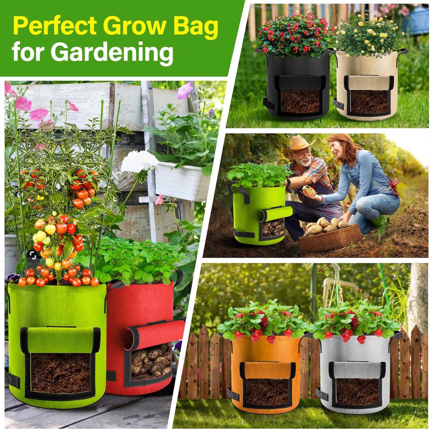 Suntee 6 Pack 20 Gallon Potato Grow Bags with Flap, Thickened Nonwoven Fabric Grow Bags for Growing Potatoes, Colorful Plant Grow Bags Pots Gardening Vegetable Potato Growing Bags with Durable Handles