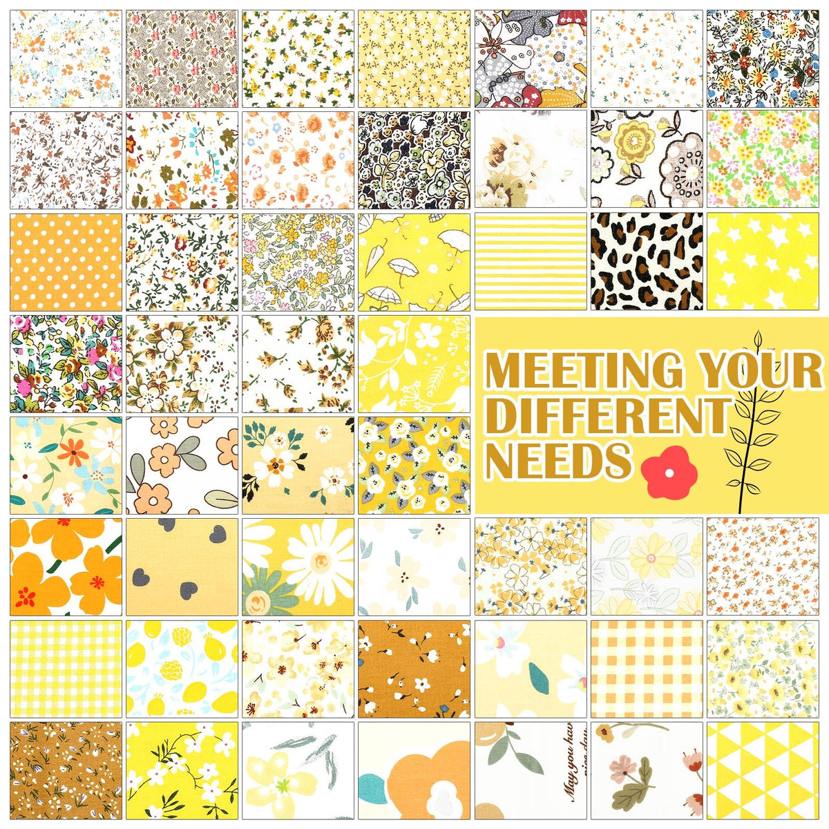 Kinlop 600 Pcs 4 x 4 Inch Cotton Fabric Square Christmas Precut Quilting Patchwork Fabric Bundles Printed Floral Holiday Sewing Materials for DIY Craft Gifts Quilting Projects(Yellow)