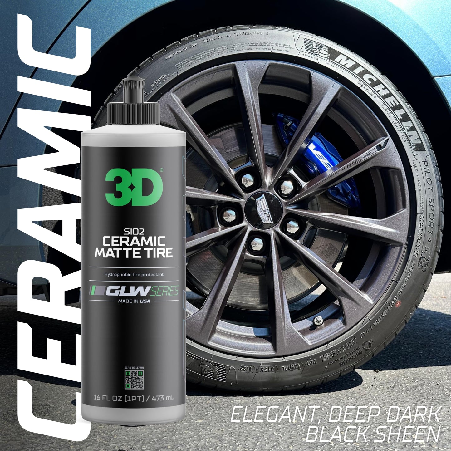 3D GLW Series SiO2 Ceramic Matte Tire Shine | Deep Matte Finish Tire Protectant | Hydrophobic & UV Resistant | Anti-Fade, No Sling | Pro Car Detailing |16 oz