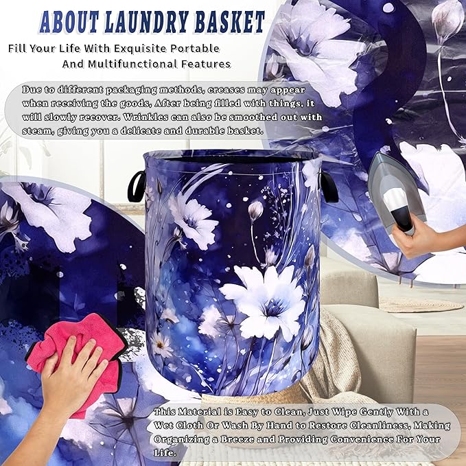 Blue Daisy Flower Laundry Basket Foldable Oxford Cloth Watercolor Floral