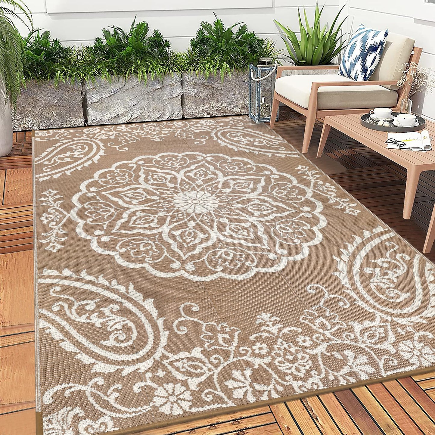 Pauwer Waterproof Outdoor Rug 5x8, Reversible Plastic Straw Patio Camping Rug, Indoor Outdoor RV Mat Carpet for Deck, Camper, Porch, Balcony, Backyard, Picnic, Boho Brown