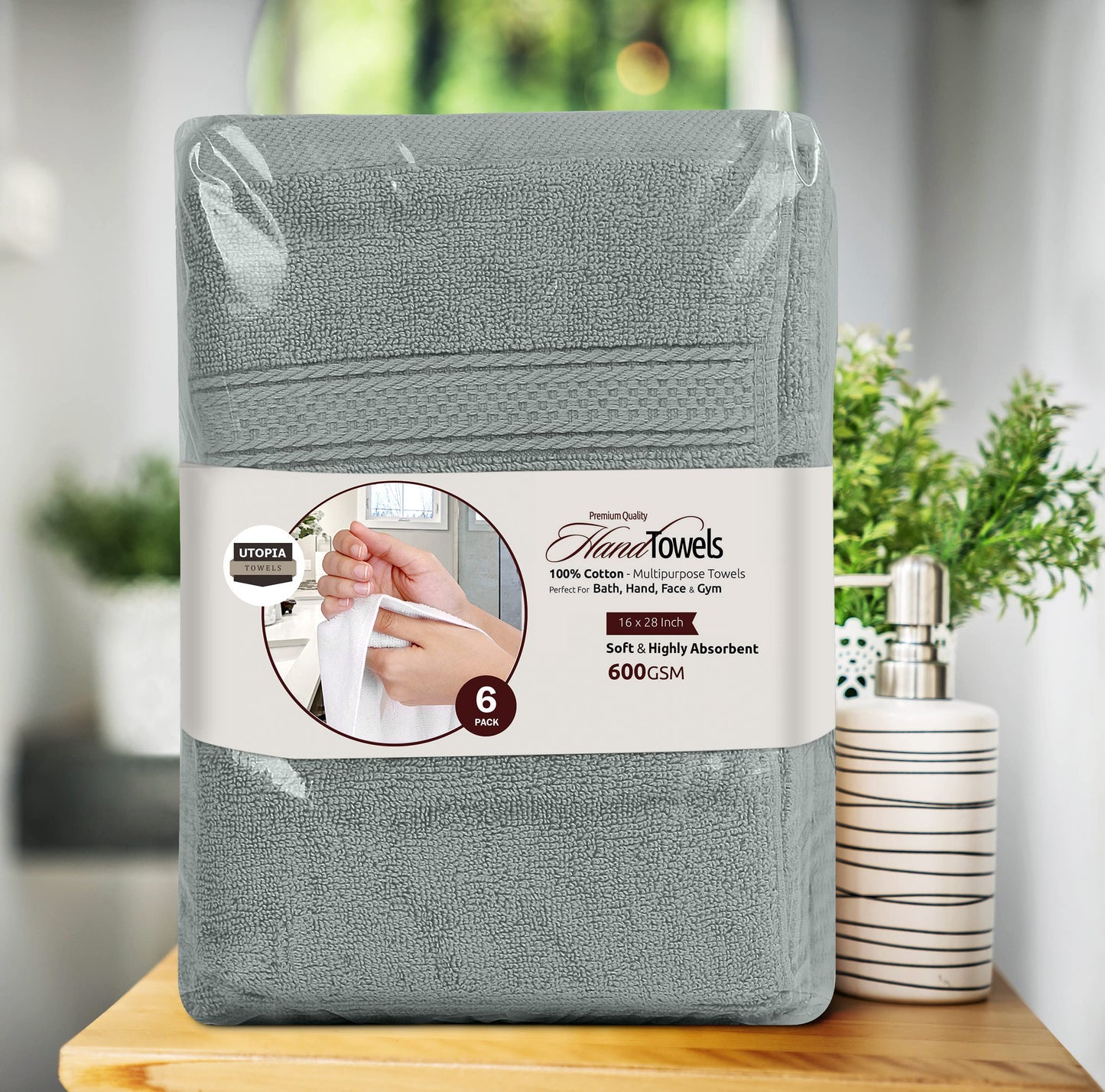 Utopia Towels 6 Pack Premium Hand Towels Set, 16 by 28 inches, 100% Ring Spun Cotton, Ultra Soft and Highly Absorbent 600GSM Towels for Bathroom, Gym, Shower, Hotel, and Spa, Cool Grey