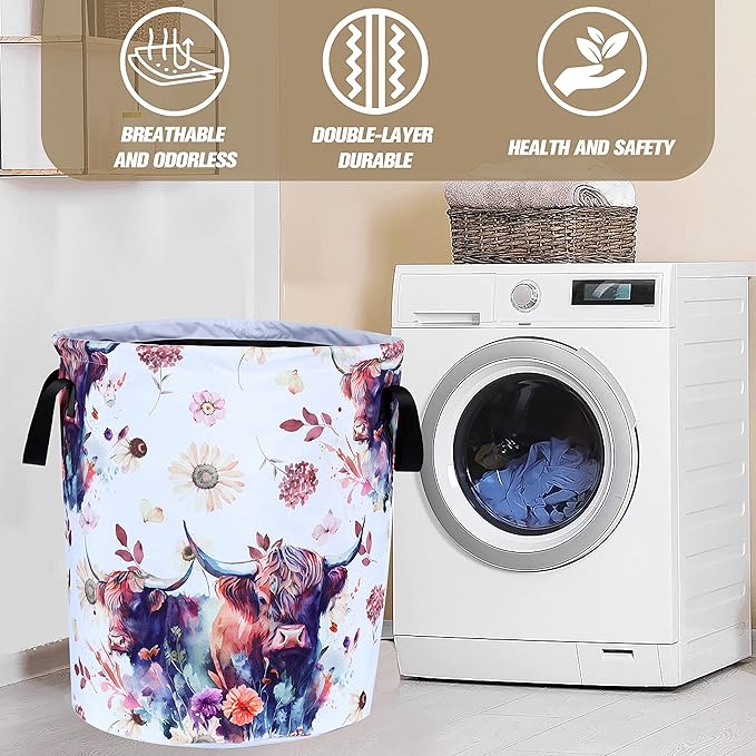 Highland Cow Laundry Basket Cow Animal Foldable Oxford Cloth Funny Tote Bag
