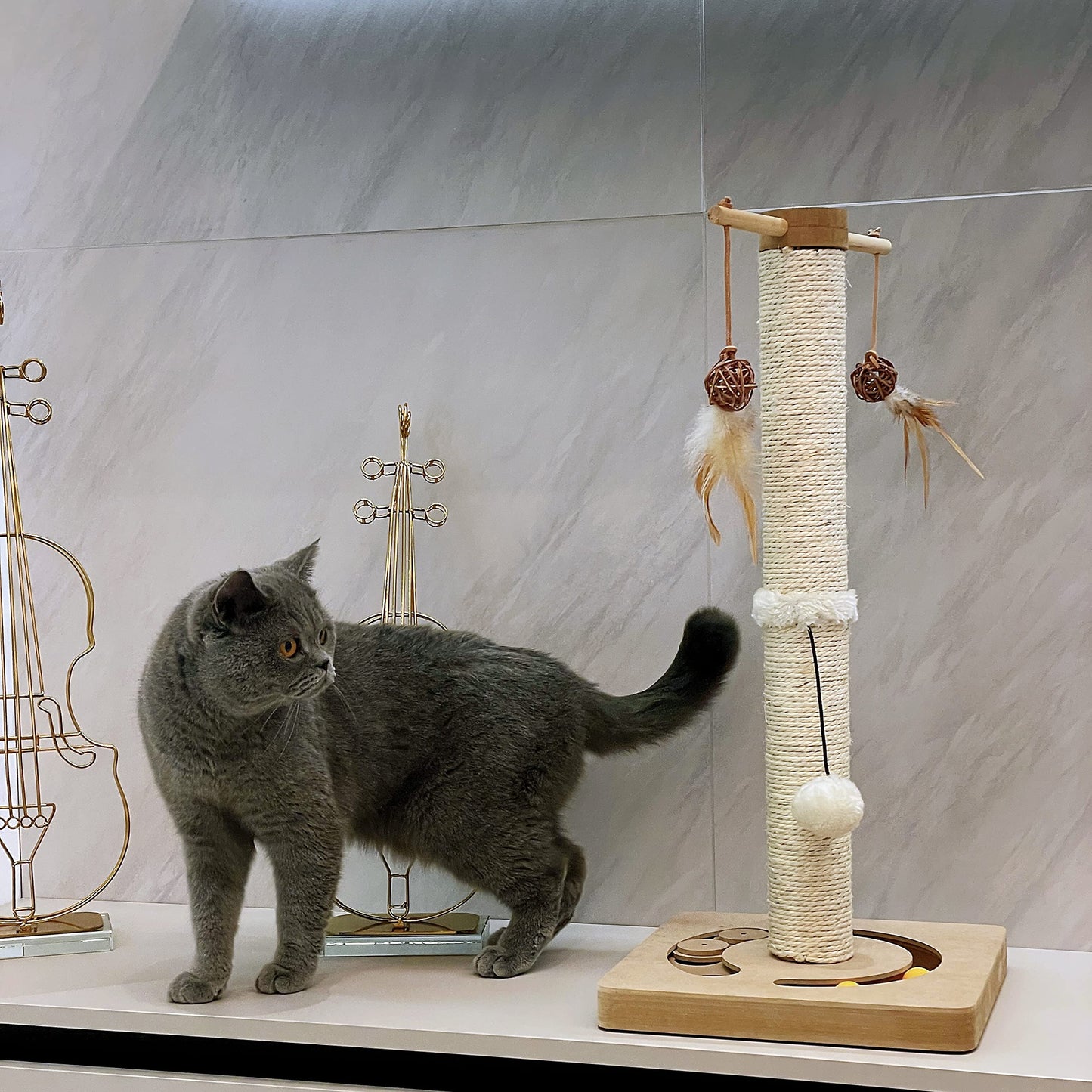 AUSCAT Cat Scratching Post with Multiple Interactive Toys, Vertical Sisal Cat Scratcher for Indoor Cats and Kittens- 63 cm 25 inches Beige