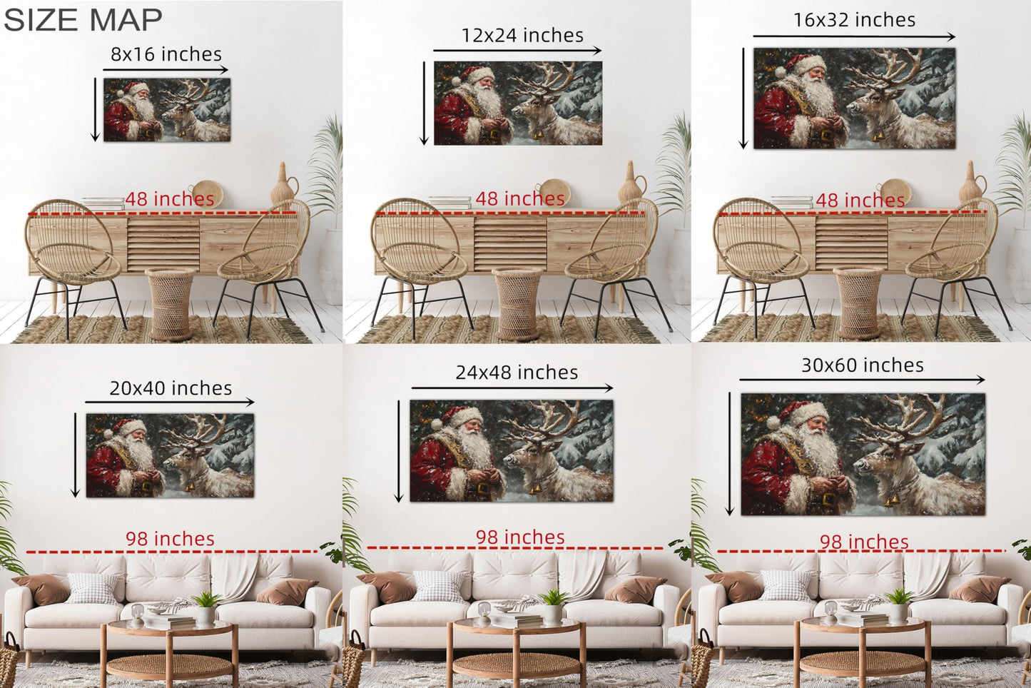 GUTTATY Christmas Canvas Wall Art, Santa and Reindeer Canvas Prints, Winter Forest Scene Wall Decor, Snowy Holiday Hanging Painting, Christmas Picture Poster for Living Room, Bedroom, 32x16 Inch