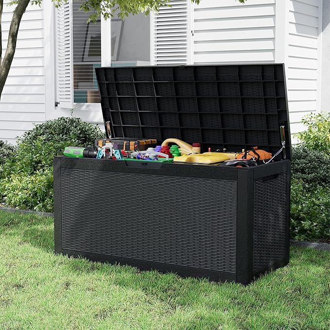 Outdoor Storage Box, Resin Deck Boxes Indoor and outdoor, Waterproof Storage Box Lockable Lid (Black,100 Gallon)