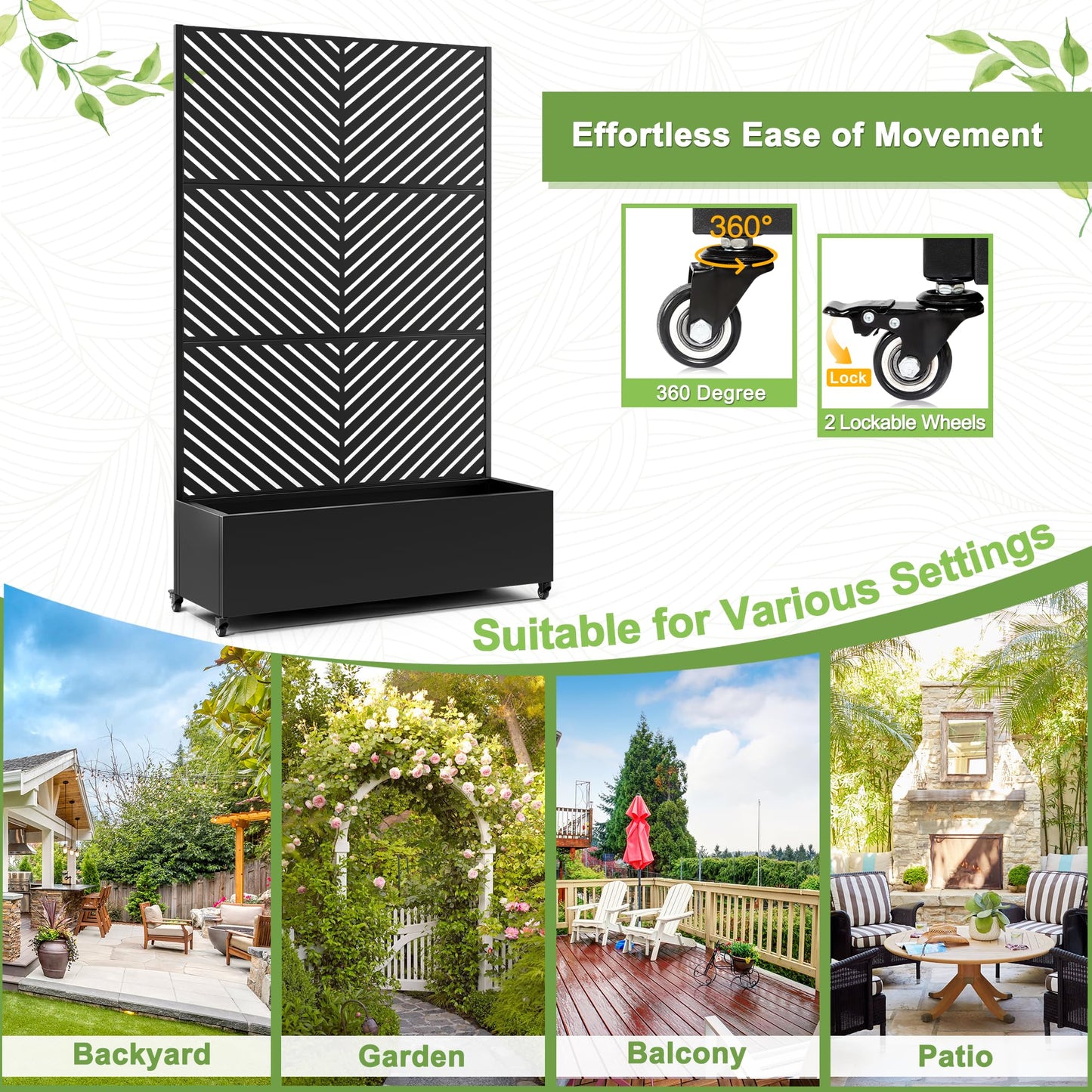 FENCY Metal Raised Garden Bed with Wheels and Trellis,73"x47"x16" Planter Box for Climbing Plants, Vegetables & Vines, Features Privacy Screen and Drainage Holes (Black-Arrow)