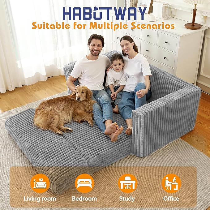 HABUTWAY 49.8" Loveseat Boneless Couch, 4-in-1 Convertible Sofa Bed, Plush Fur