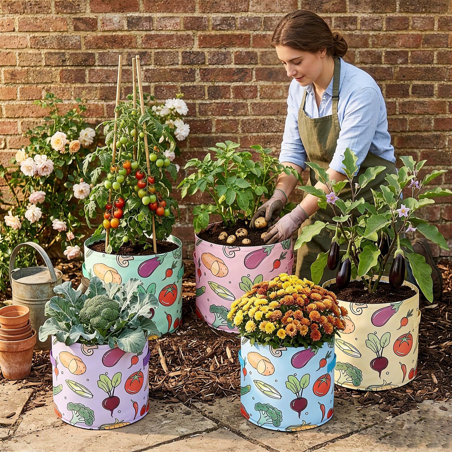 kopotma 10 Gallon Grow Bags, Colorful Printed Plant Grow Bags, Fabric Planters Garden Bgas Garden Pots, Double-Layer Fabric Design, Dirty-Proof