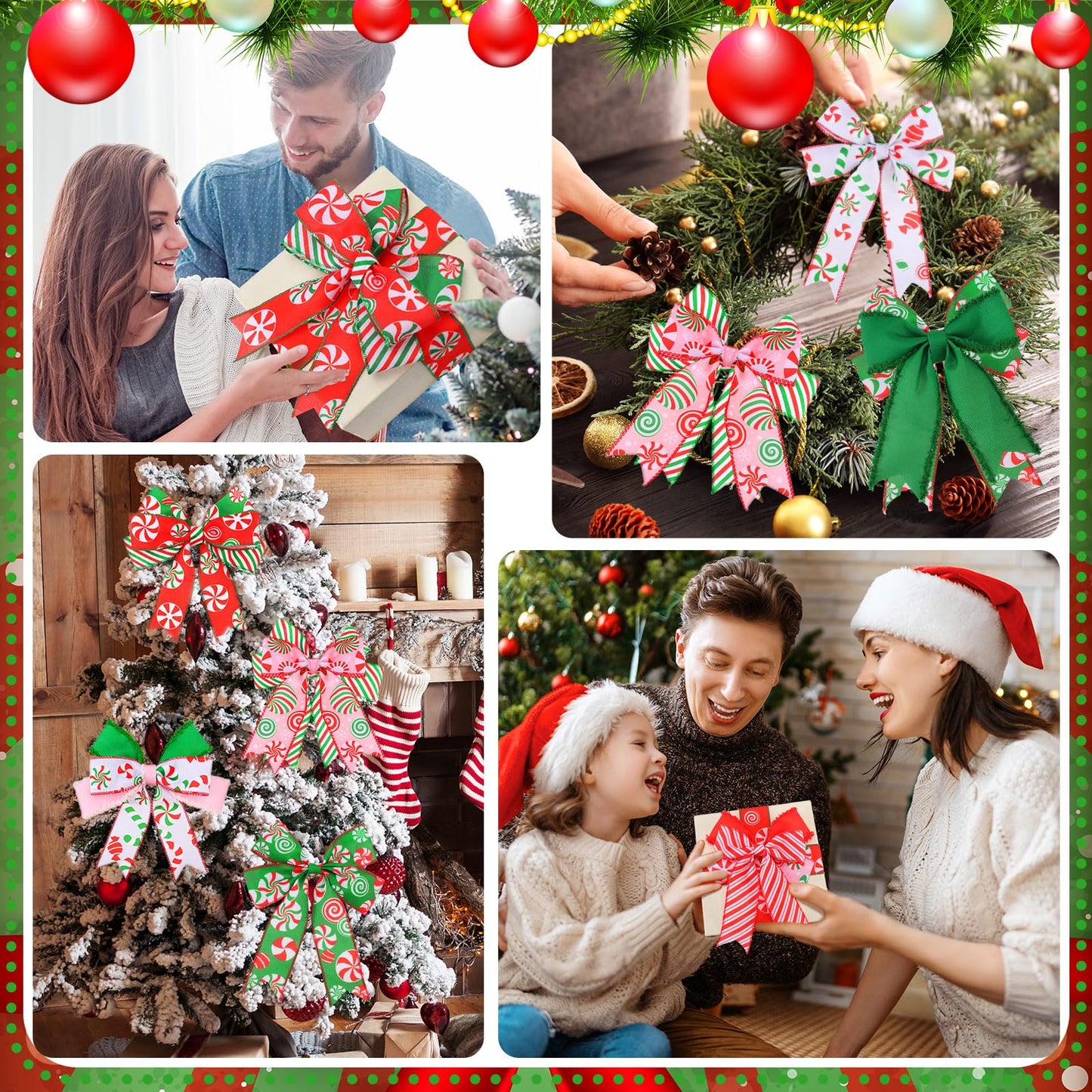 Yuxung 9 Rolls 45 Yards Christmas Candy Peppermint Ribbon Wired Edge Ribbons for Wreaths Red Green Candy Cane Print Craft Ribbon Burlap Grosgrain Ribbon for Christmas Party Decorations DIY Supplies