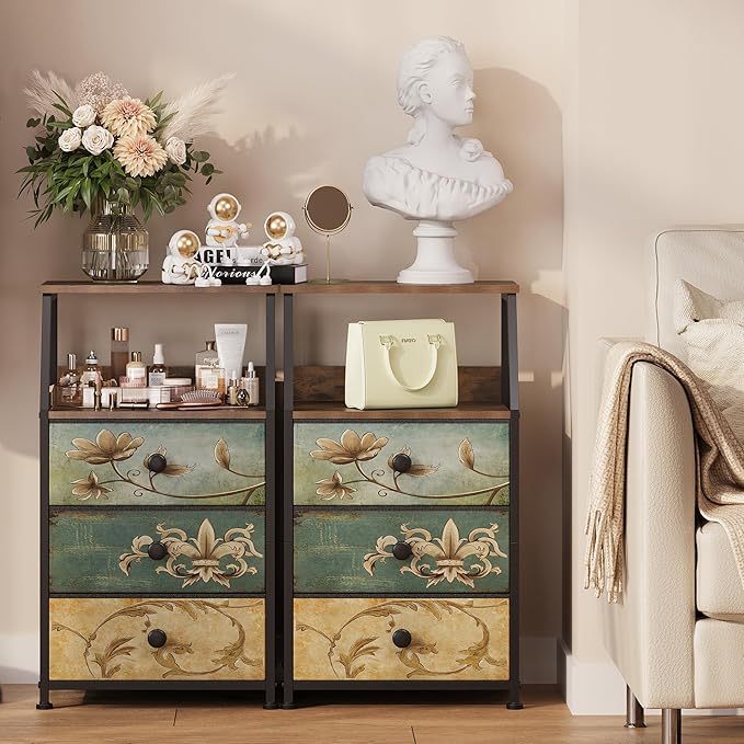 Tohomeor Dresser with Fabric Drawers Nightstand with 2 Tier Shelf Storage Tower