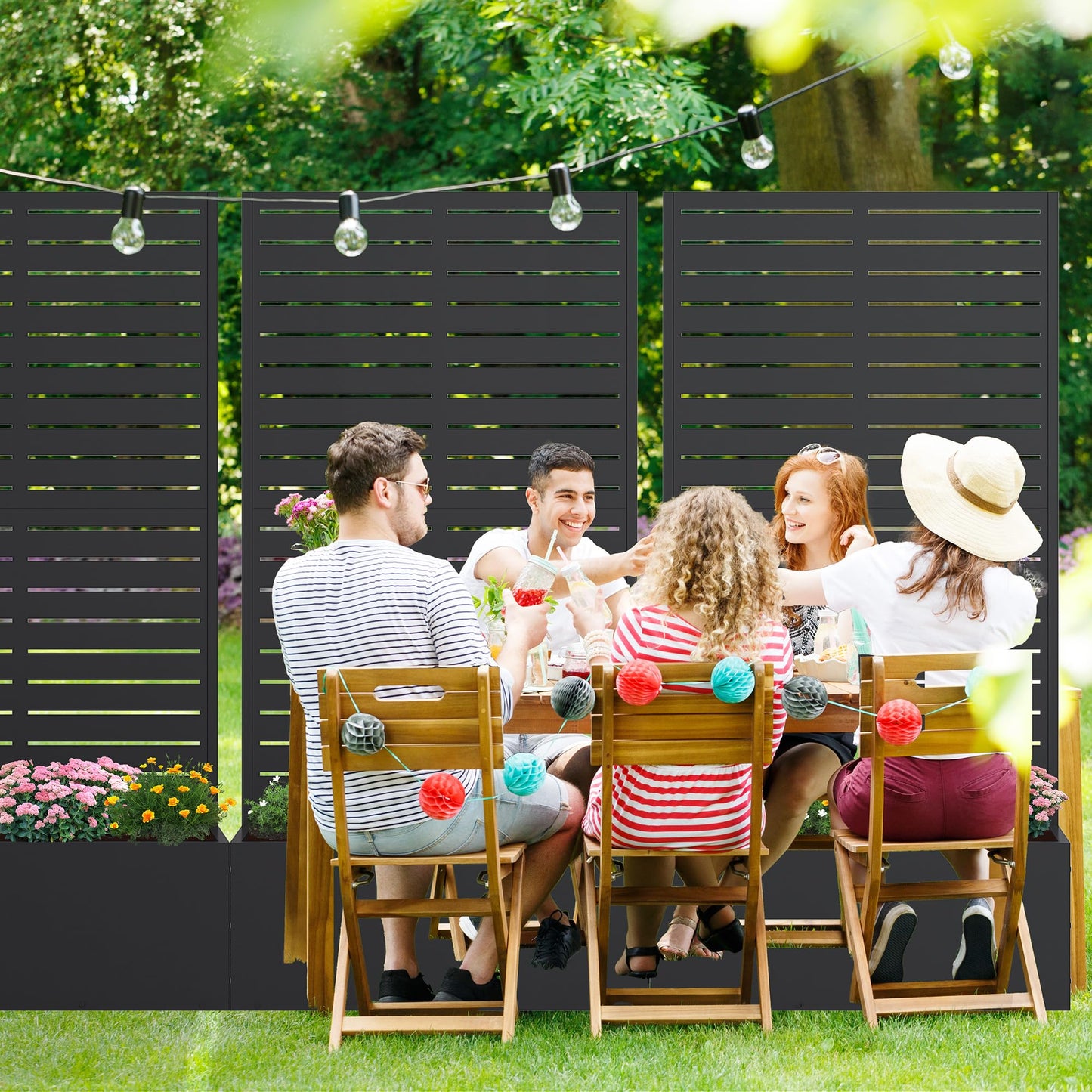 Casaphoria Metal Raised Garden Bed with Trellis, 59"x30"x12" Planter Box for Climbing Plants, Vegetables & Vines, Features Drainage Holes and Privacy Screen (Black-Louvered)