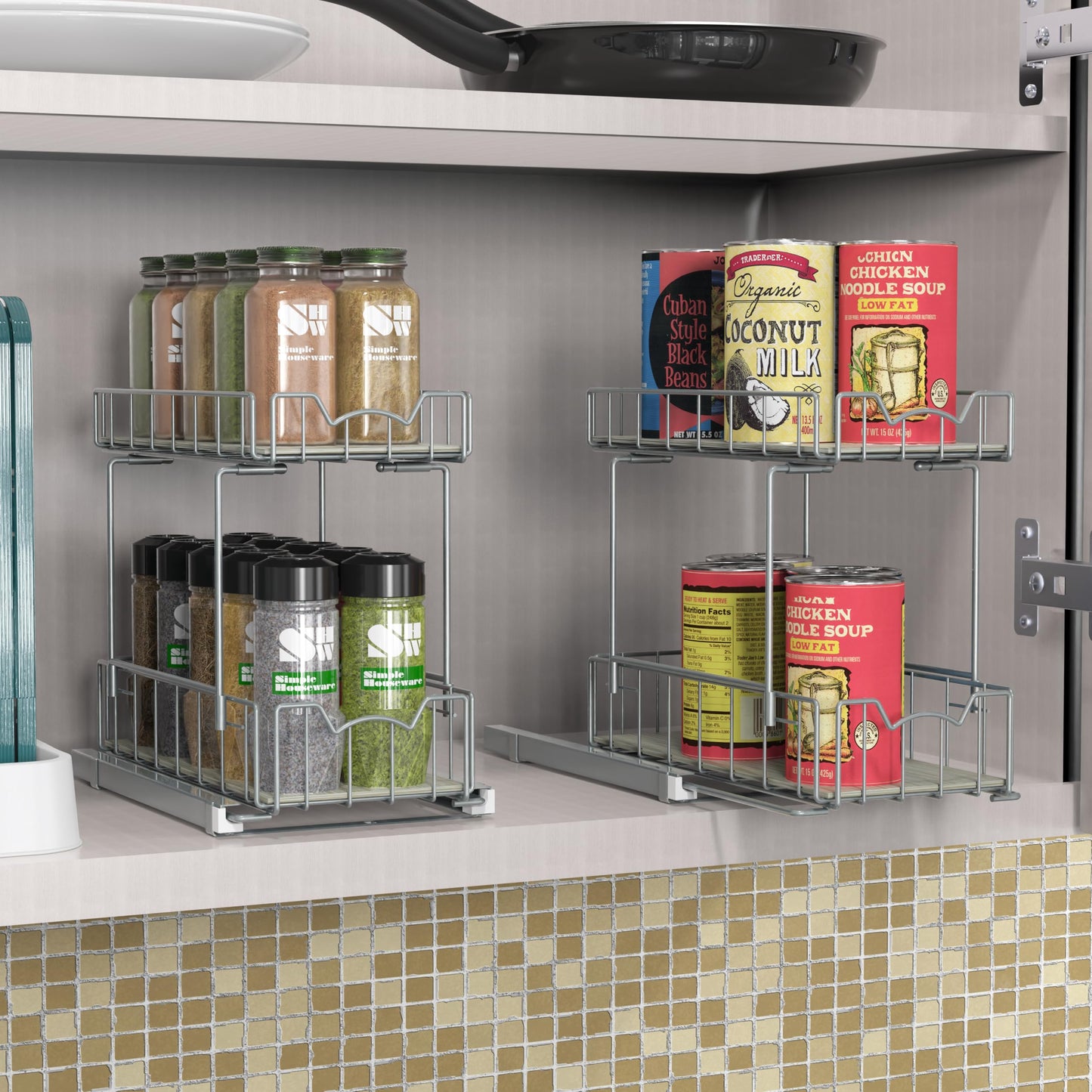 Simple Houseware 2-Tier Spice Rack Slide Out Wire Basket Drawer Organizer, Silver