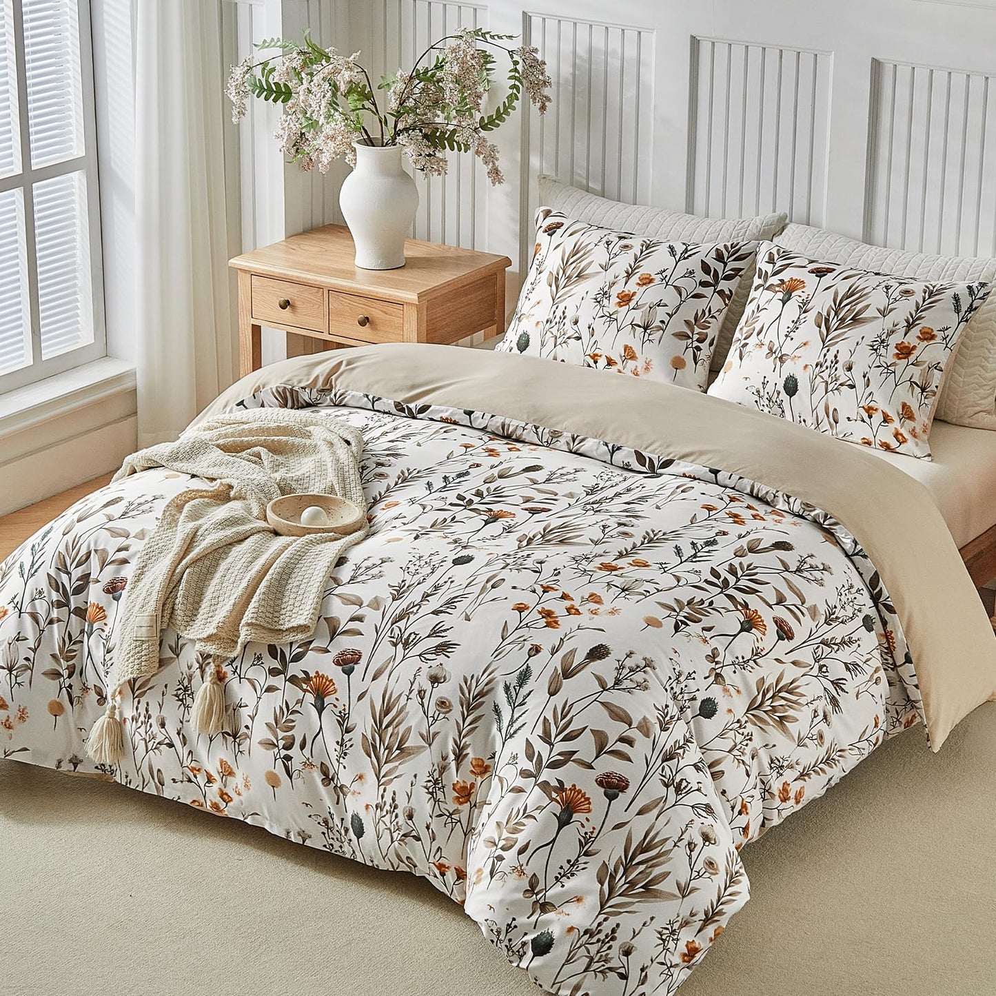 Lekesky King Size Duvet Cover Set, Lightweight Soft Microfiber Comforter Cover,Reversible Duvet Cover King with Branch Pattern, 3 Pieces Khaki Bedding Set with Zipper and 2 Pillowcases