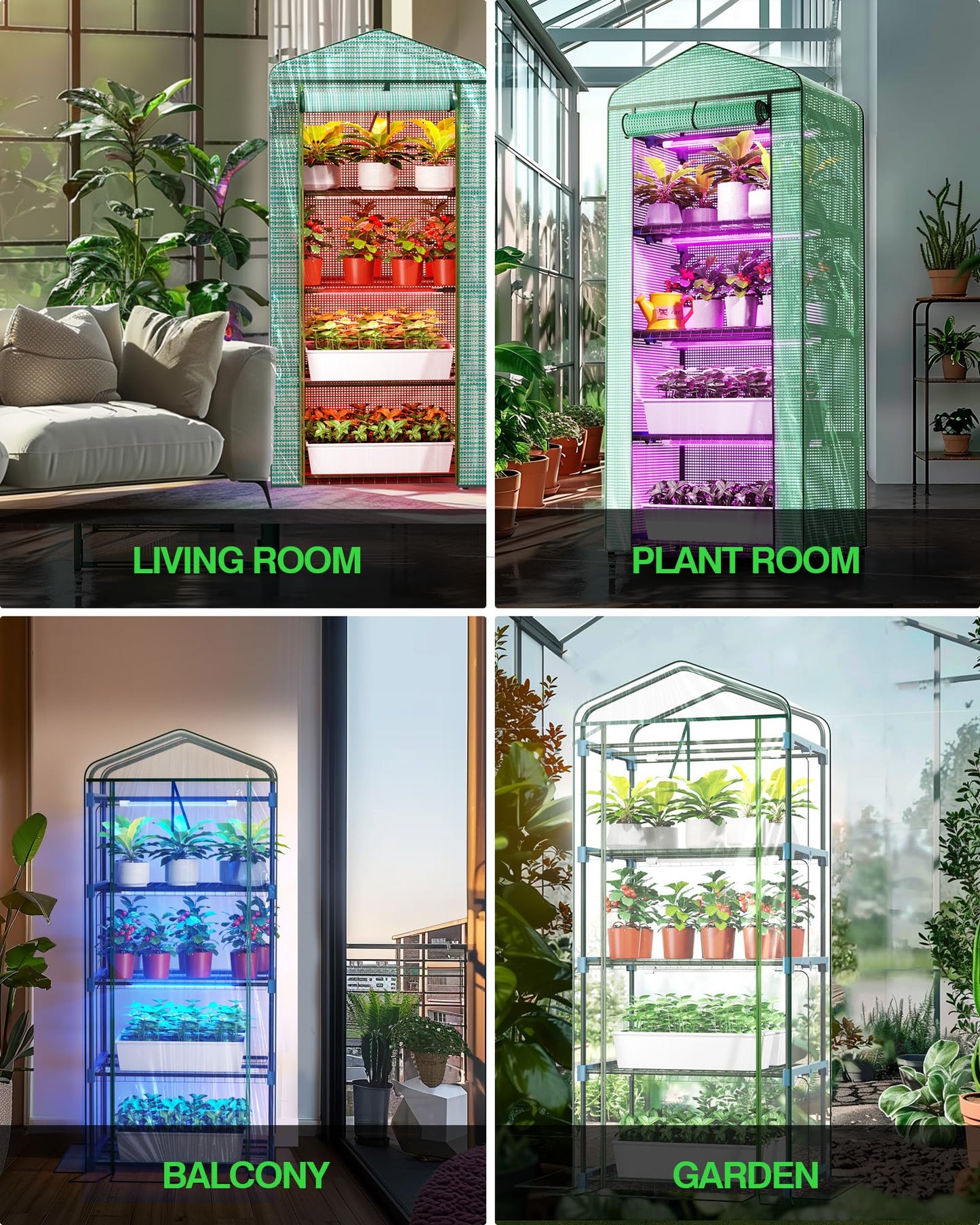 PYY Mini Indoor Greenhouse with Grow Light - Small Portable Outdoor Plant Green House Cabinet with Wheels, Thermometer, PVC Tent Cover, 4 Dimmable 3 Color 2FT 36W LED Kit, 4 Tier Gardening Shelves