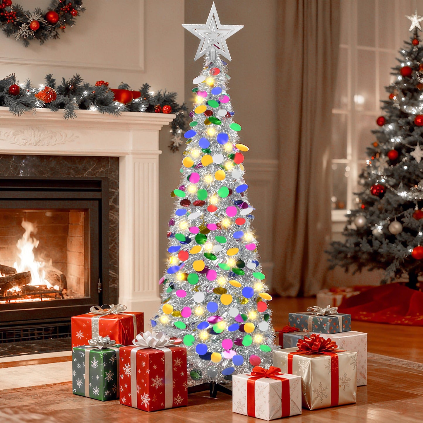 Lavwix 5 FT Pop Up Christmas Tinsel Tree with 50 LED Lights & Remote, Star Topper, Easy Assembly with Stand, Collapsible Prelit Christmas Pencil Tree for Xmas Home Party Decor (Silver)
