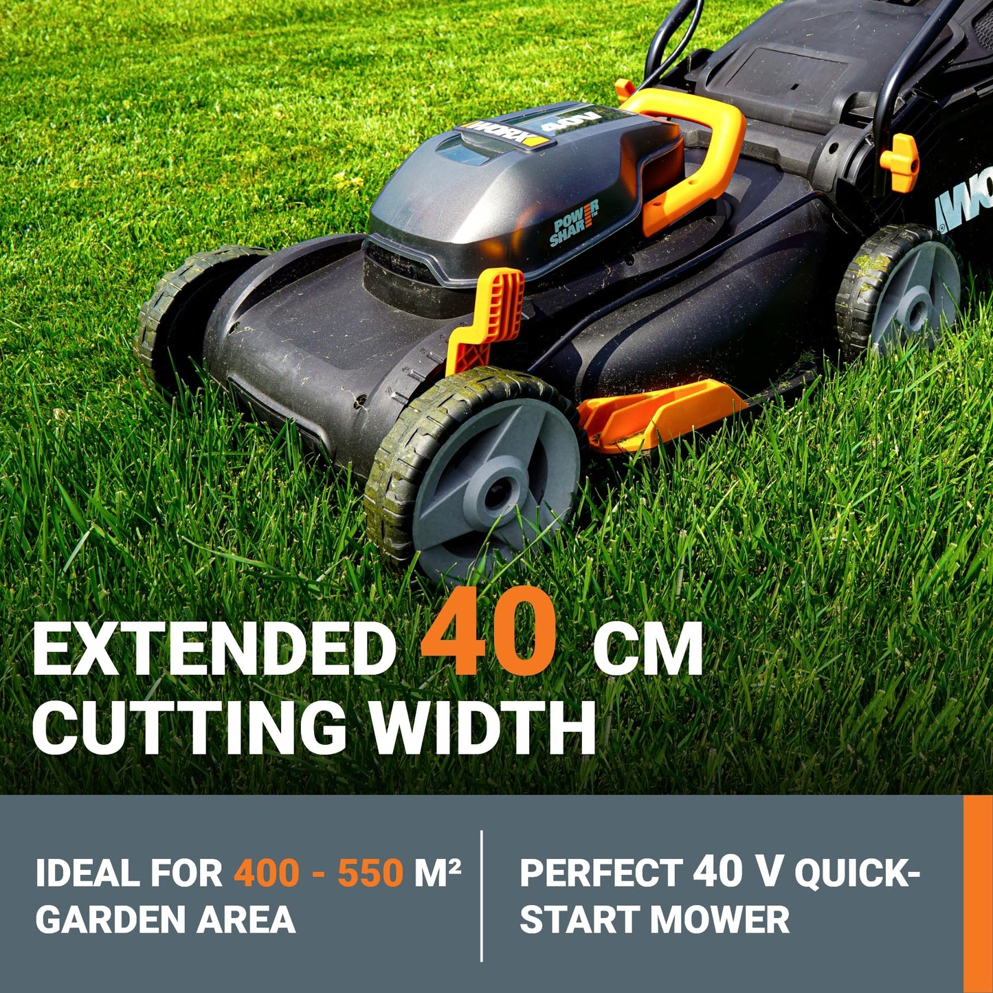 Worx WG743E.1 40V 40cm Cordless Lawnmower – Ideal for Medium to Large Gardens (Up to 500㎡) – Includes 2x 4.0Ah Batteries & Charger – IntelliCut™, Cut-to-Edge, 7 Height Positions, PowerShare