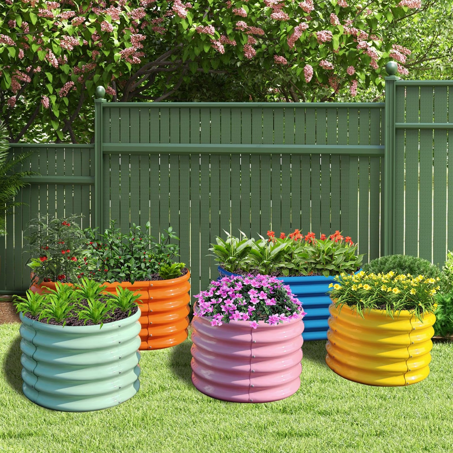 A ANLEOLIFE 5-Pack 18in Tall Kids Mini Raised Garden Beds Outdoor, 40x24in Oval & 24x24in Round Galvanized Metal Planter Box for Planting Vegetables, Flowers, Fruits, Eco-Safe & Easy Setup