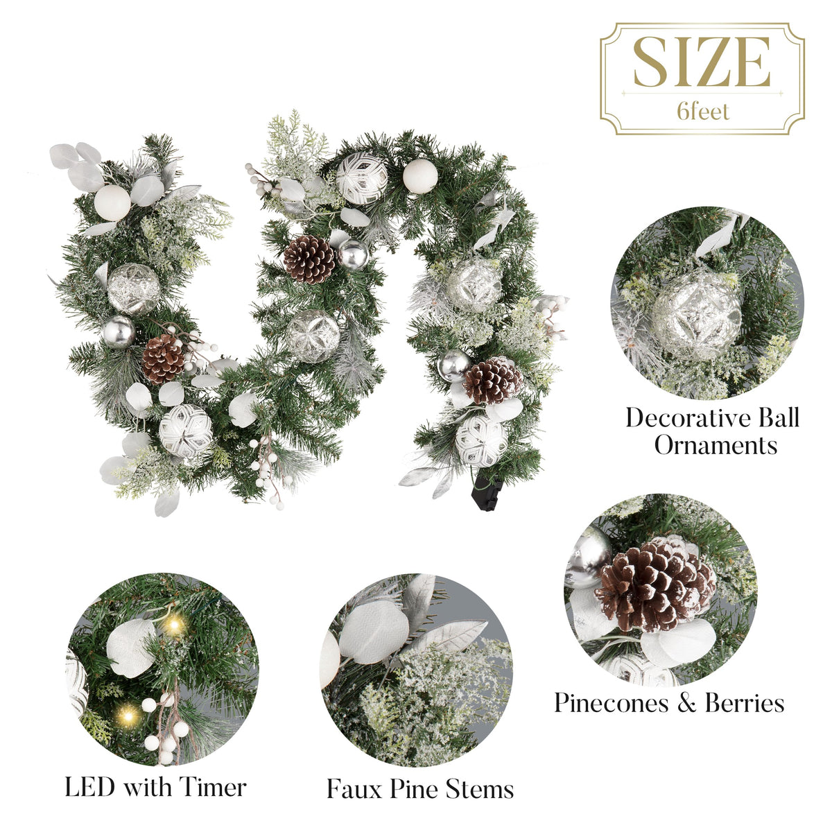 Valery Madelyn 6 Feet Pre-Lit Christmas Garland with Lights for Mantle, Lighted Outdoor Xmas Garland with Snowy White Ball Pinecones for Home Stairs Fireplace Table Centerpiece Indoor Holiday Decor