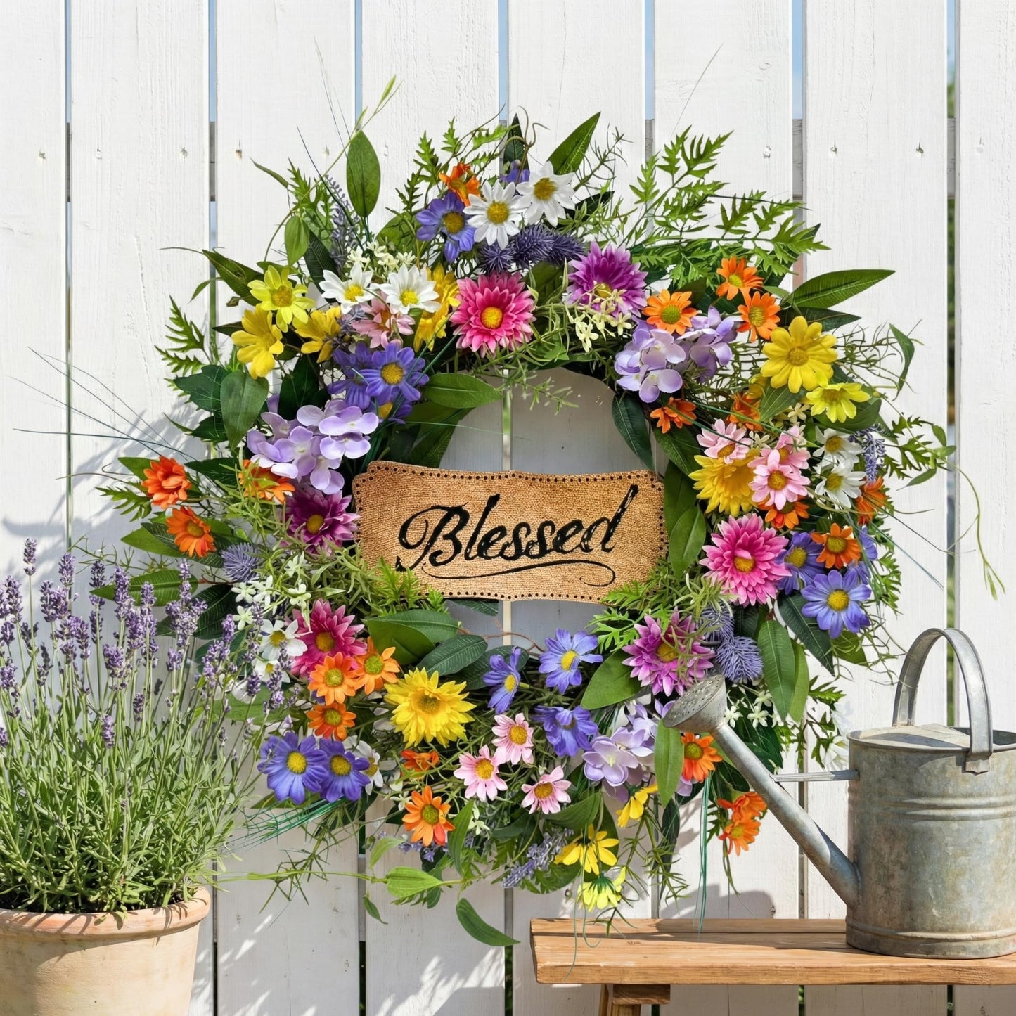 Lnymura 22 Inch Spring Summer Blessed Wildflower Wreath for Front Door Wall