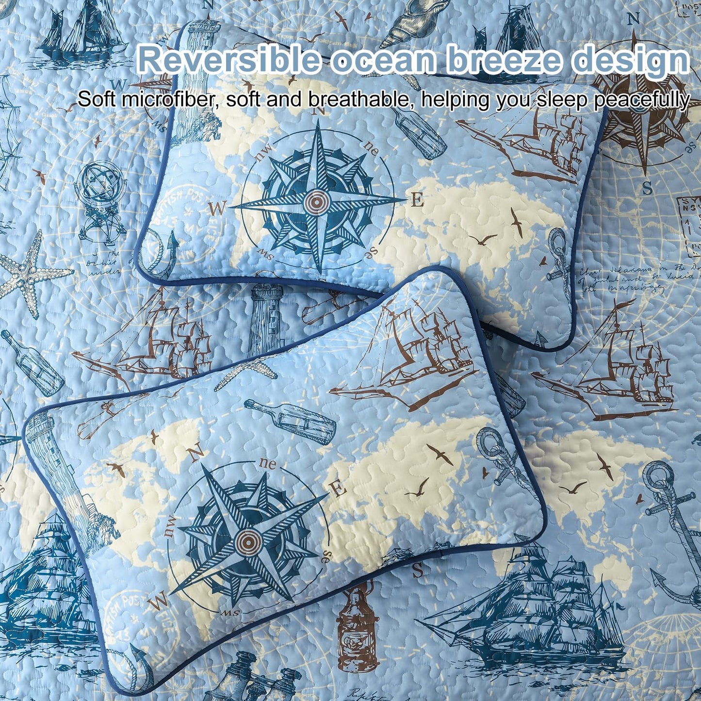 DJY Quilt Set King Size Ocean Bedspread Coverlet Set 3 Piece-Soft Lightweight Microfiber Nautical Beach Coastal Bedding Set for All Seasons 110"x90" (Include 1 Quilt, 2 Pillowcases)