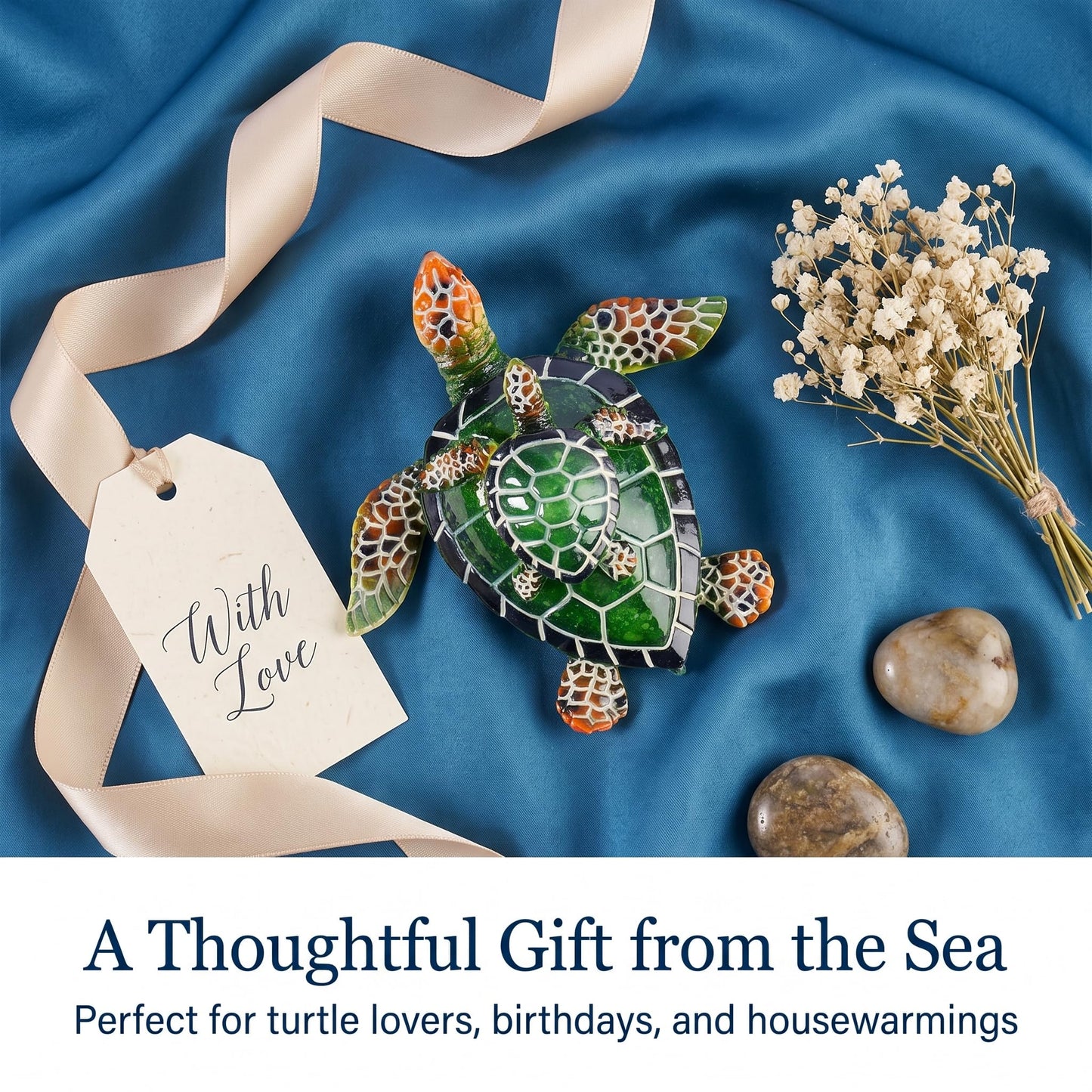 Brizoria Sea Turtle Decor Collectible Figurines with Baby Resin Animal Statue Blue Green Ocean Themed Gift from The Sea Turtle Gifts for Women Men Tabletop Decorations Tortoise, Green