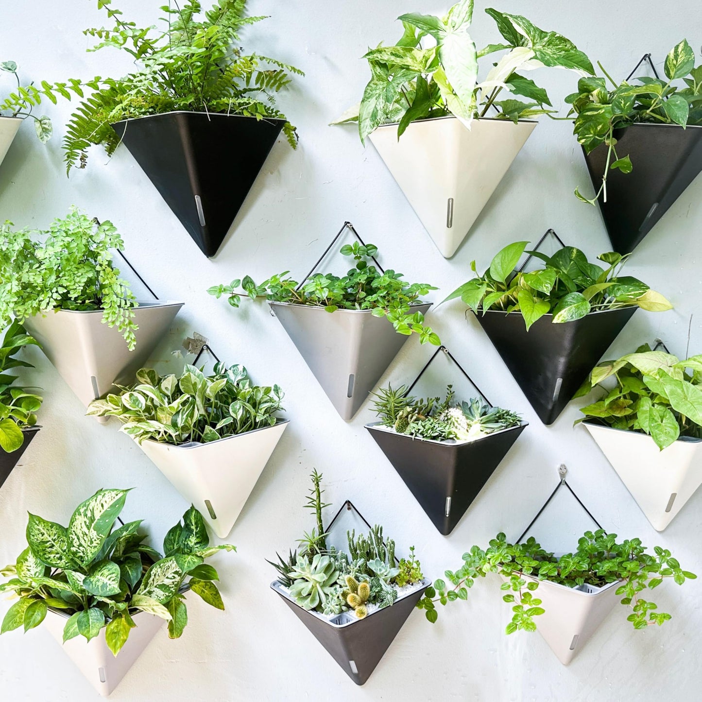 LaLaGreen Wall Planters for Indoor Plants - 2 Pack, 12 Inch Large Self Watering White Geometric Hanging Flower Vase Vessel with Metal Hanger, Modern Stylish Wall Mounted Succulent Pot Holder Decor
