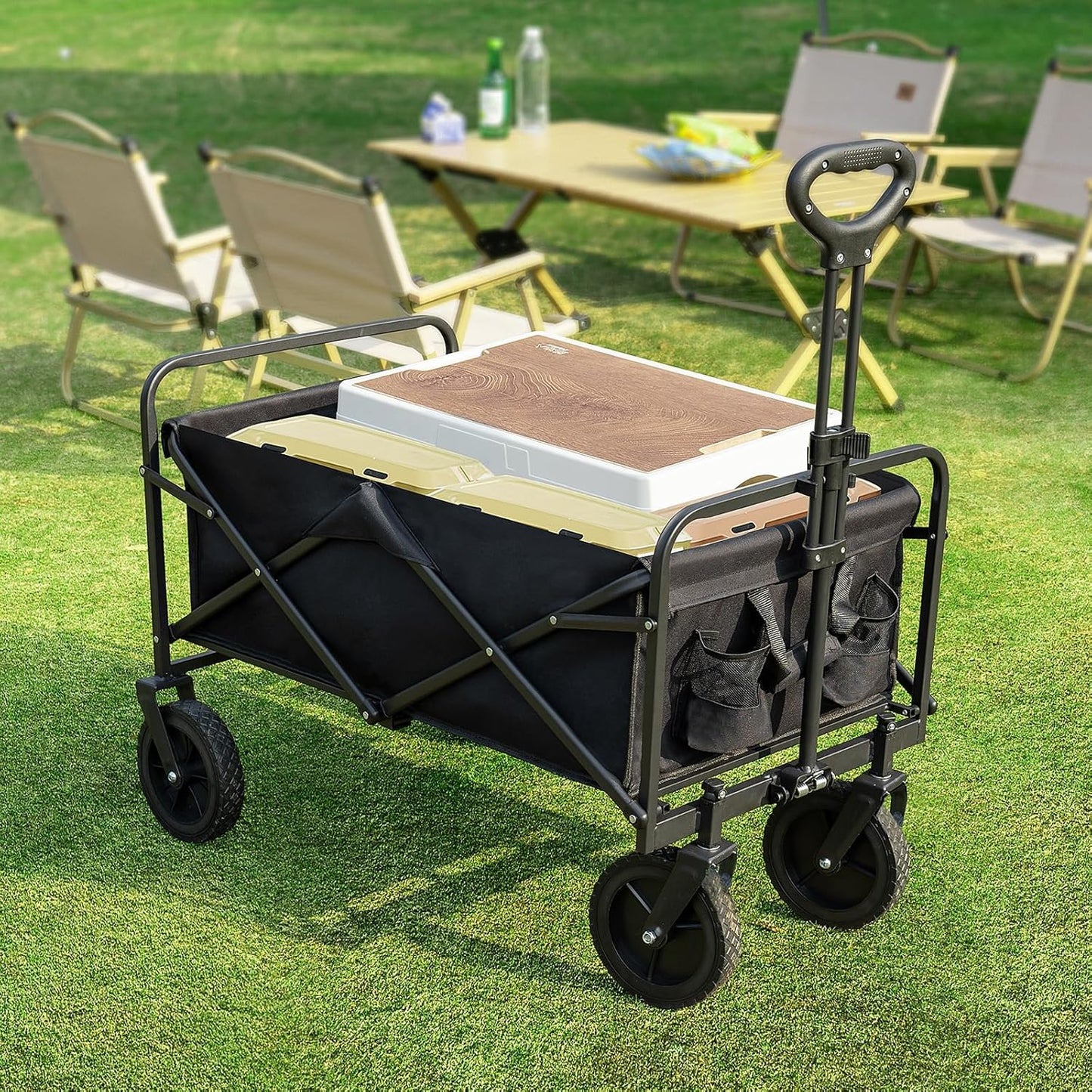 Sweetcrispy Collapsible Foldable Wagon Cart, Large Capacity Garden Beach Cart with All-Terrain Wheels, Heavy Duty Utility Grocery Wagon with Drink Holders for Shopping Sports Camping, Large Black