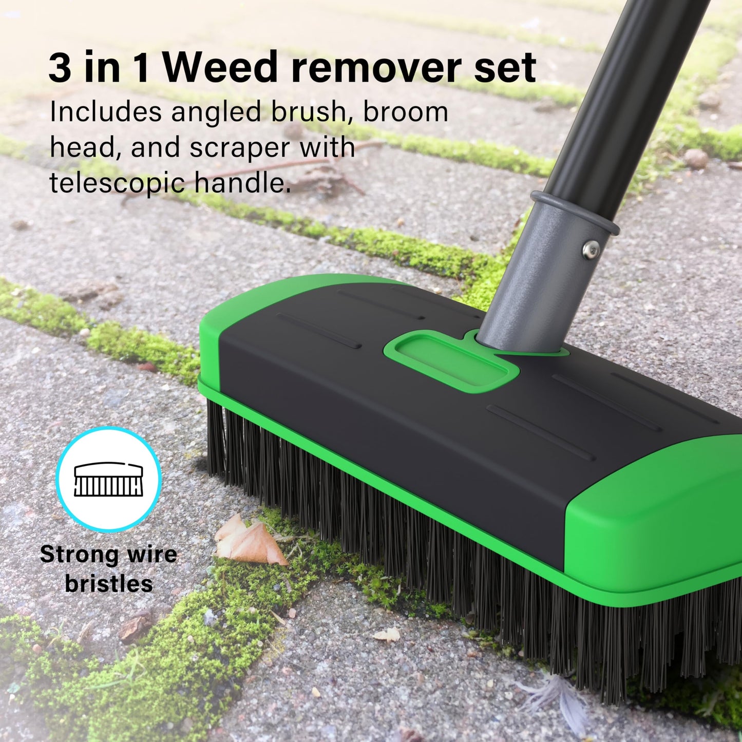 3 in 1 Telescopic Weed Remover Brush Wire Head Paving Decking Clean Scrub Moss Weed Remover Tool Wire Brush Scraper Set with Metal Broom & Weed Removal Head Green