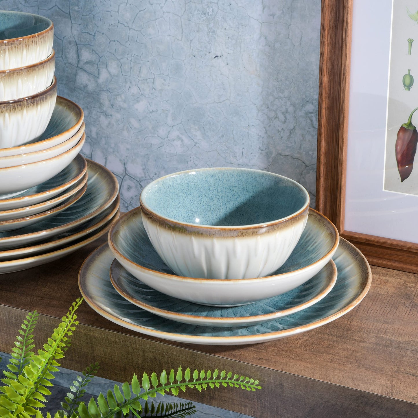 Gibson Elite Mayfair Bay Embossed Double Bowl Dinnerware Set, Service for 4 (16pcs), Blue