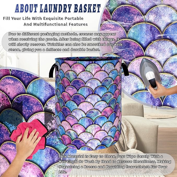 Colorful Mermaid Scales Laundry Basket Foldable Oxford Cloth Beautiful Fish