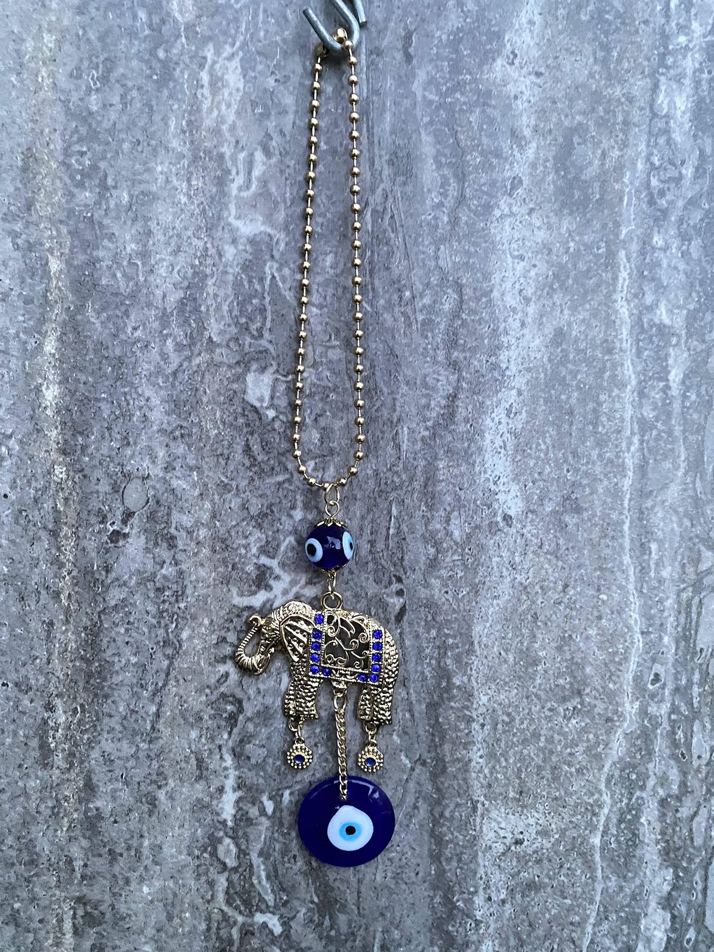 LUCKBOOSTIUM Gold Elephant with Evil Eye Beads in Blue, White & Black Resin w/Rhinestones in Ball Chain–Charms & Protective Car Hanging Ornament for Rear View Mirror, Keychain, Bag& Home/Office Decor