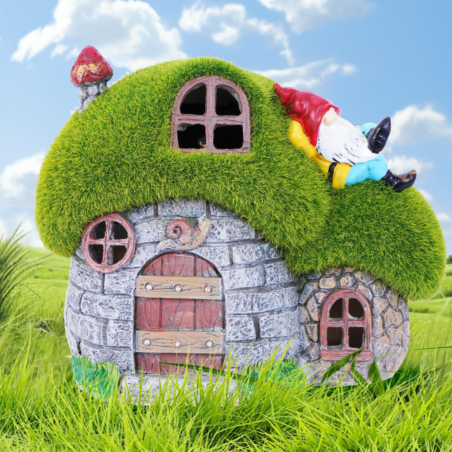 ILLUMINEW House Garden Statues with Solar Lights, LED Cute Flocked Fairy House with Gnomes Garden Figurine, Outdoor Patio Yard Lawn Decorations Gift