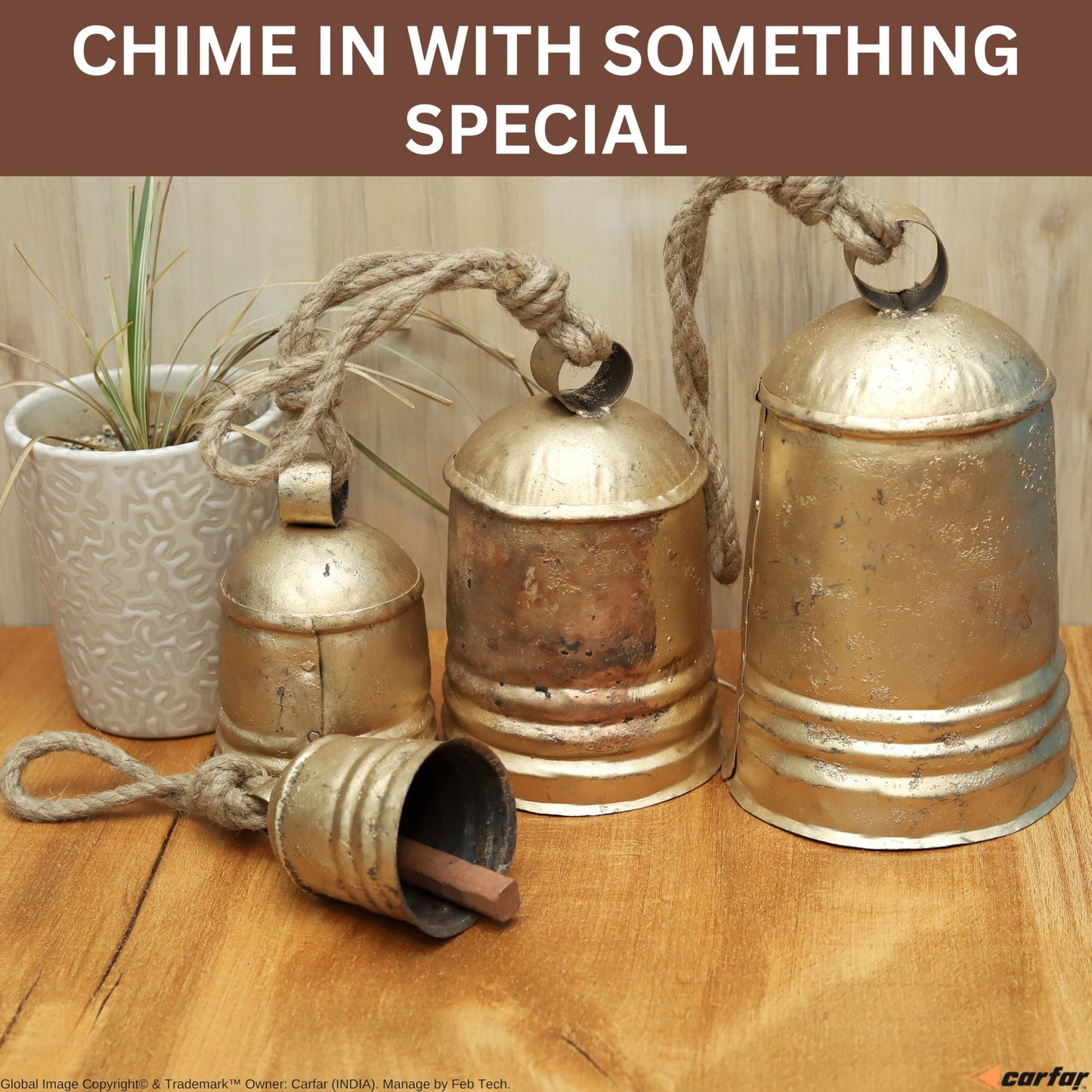 Set of 4 Rustic Metal Christmas Bells Large Hanging Brass-Gold Cowbells with Jute Rope | Farmhouse Wall, Porch & Holiday Decor