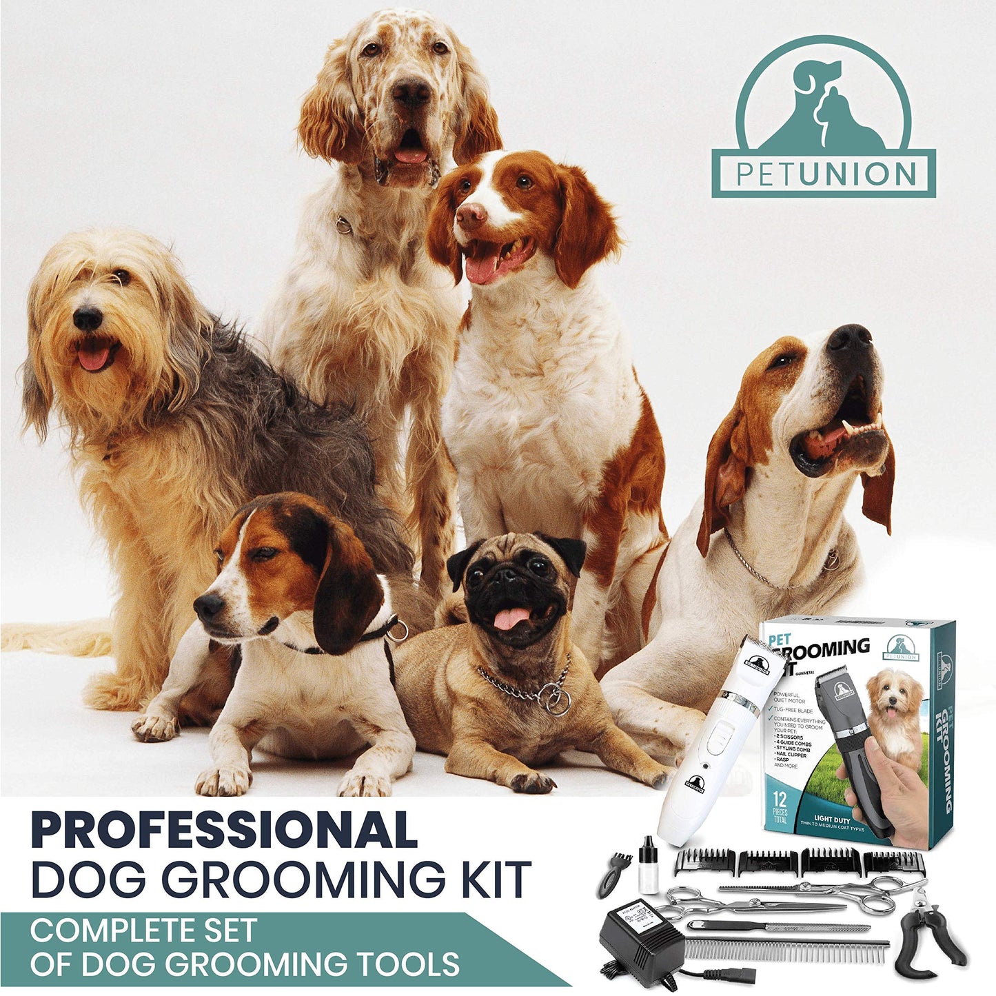 Pet Union Professional Dog Grooming Kit - Rechargeable, Cordless Pet Grooming Clippers & Complete Set of Dog Grooming Tools. Low Noise & Suitable for Dogs, Cats and Other Pets (White)