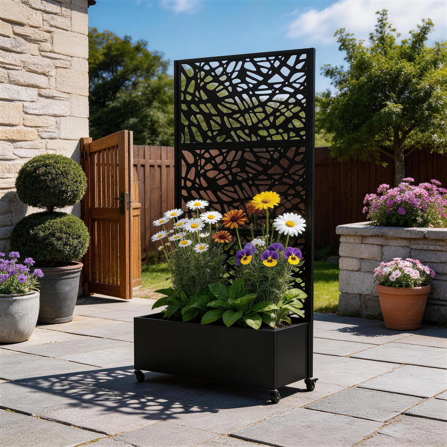 UIXE Metal Planter Box with Trellis, Outdoor Galvanized Raised Garden Bed with Privacy Screen & Drainage Holes, All Weather Lockable Casters Patio Planter for Backyard, Organic Fracture - 71"H x 35"W