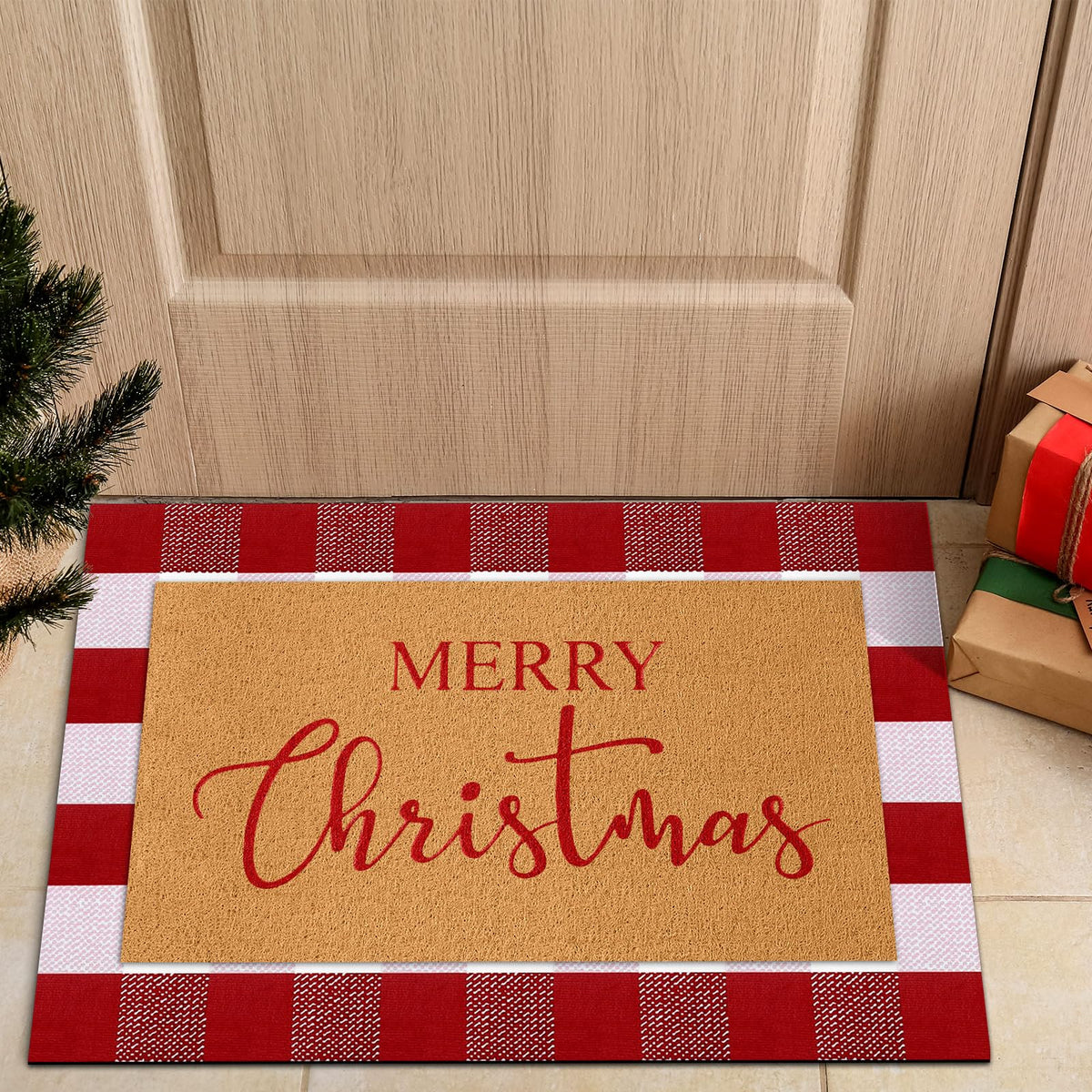 Duraaamo 2 Pcs Christmas Doormat Merry Christ Non Slip Outdoor Rug Xmas Welcome Layered Buffalo Floor Mats for Front Porch Entryway(Red White,Plaid)