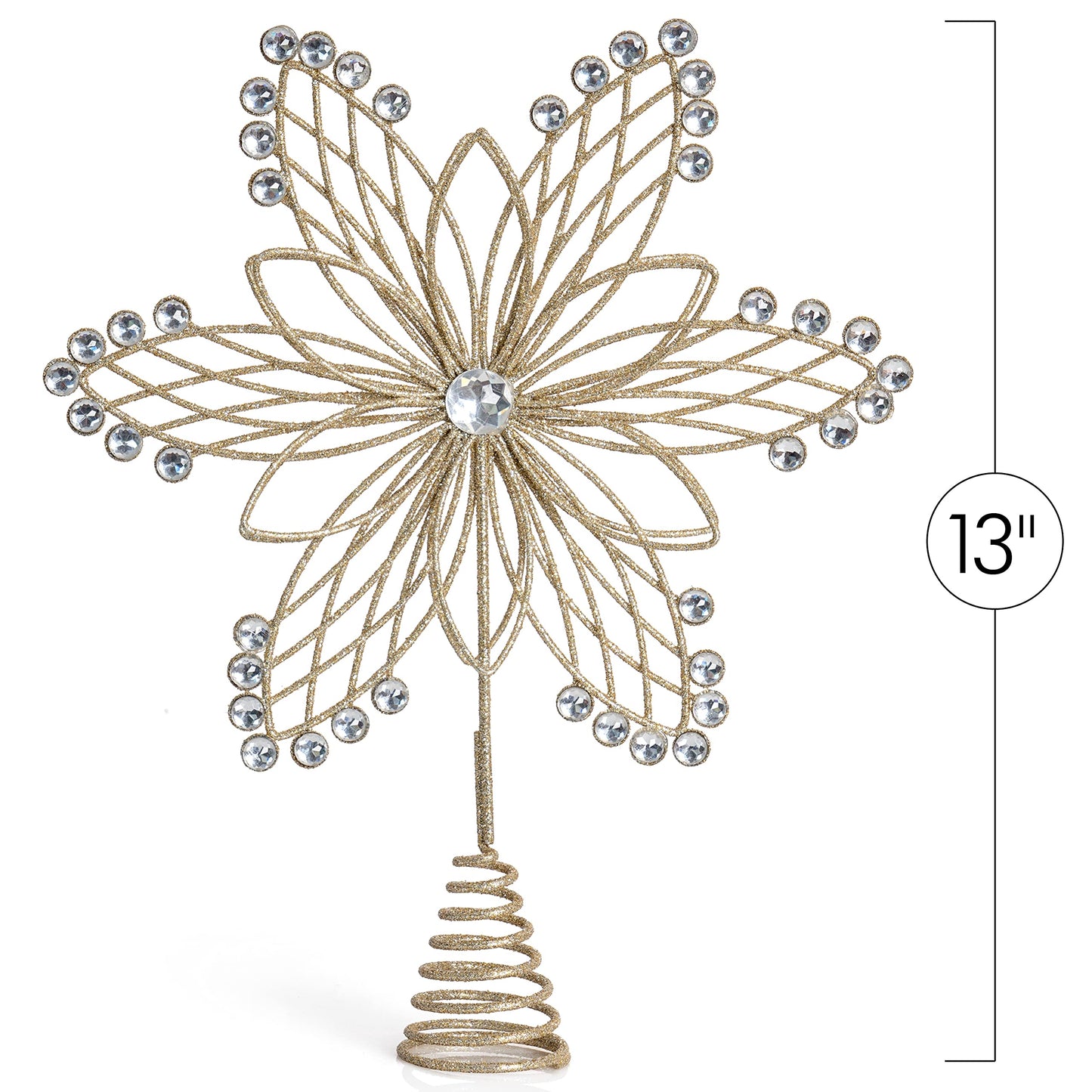 Ornativity Jewel Flower Tree Topper - Gold Glitter Sparkling Metal Wire Star Flower Topper with Sparkly Gem Jewel Finish Holiday Christmas Tree Top Decor Xmas Ornament Decoration
