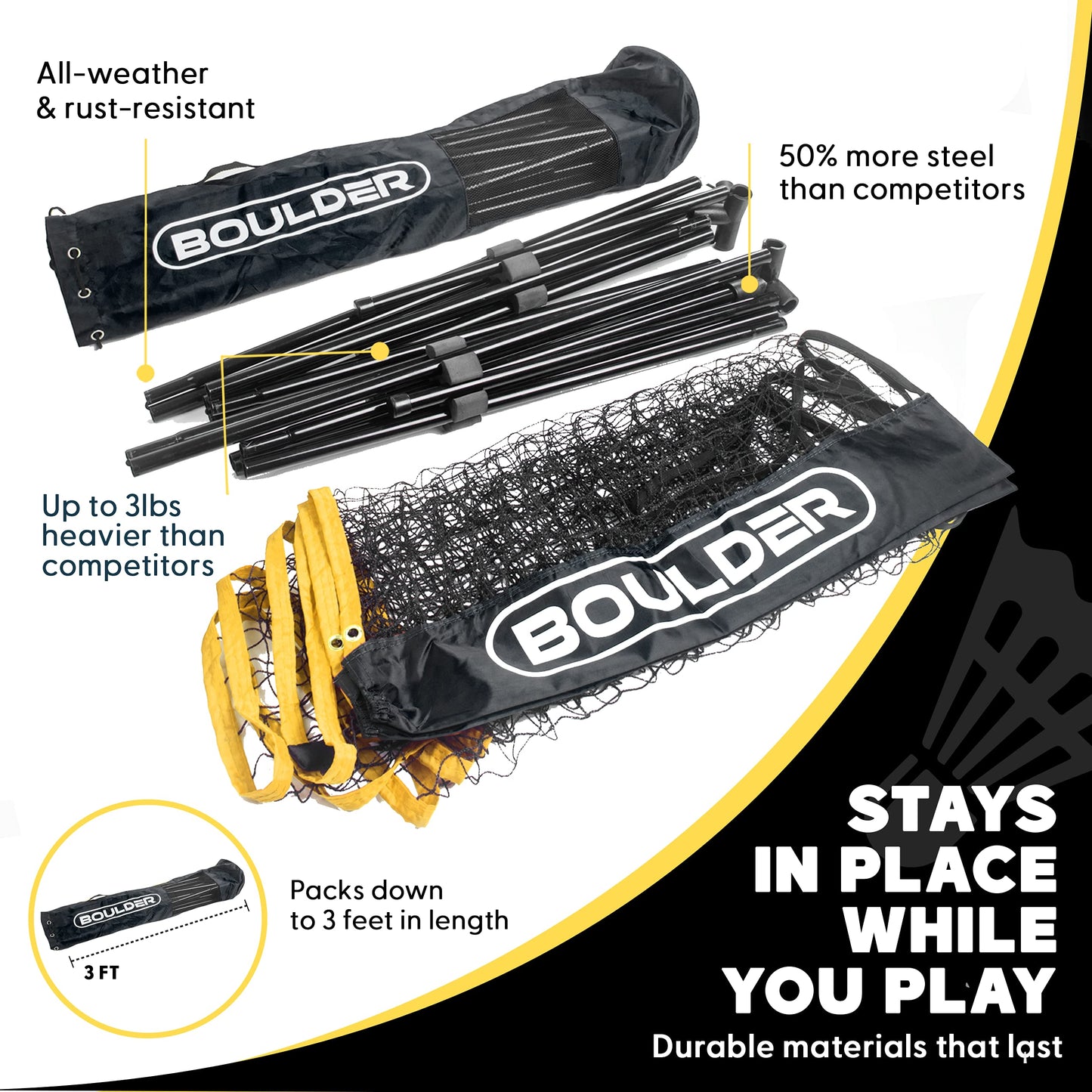 BOULDER Portable Badminton Pickleball Net - Foldable / Extendable Poles for Multiple Sports Heights (UP to 5 ft) - Ideal for Tennis, Pickleball, Soccer Tennis - Easy Setup (Black, 17 FT)