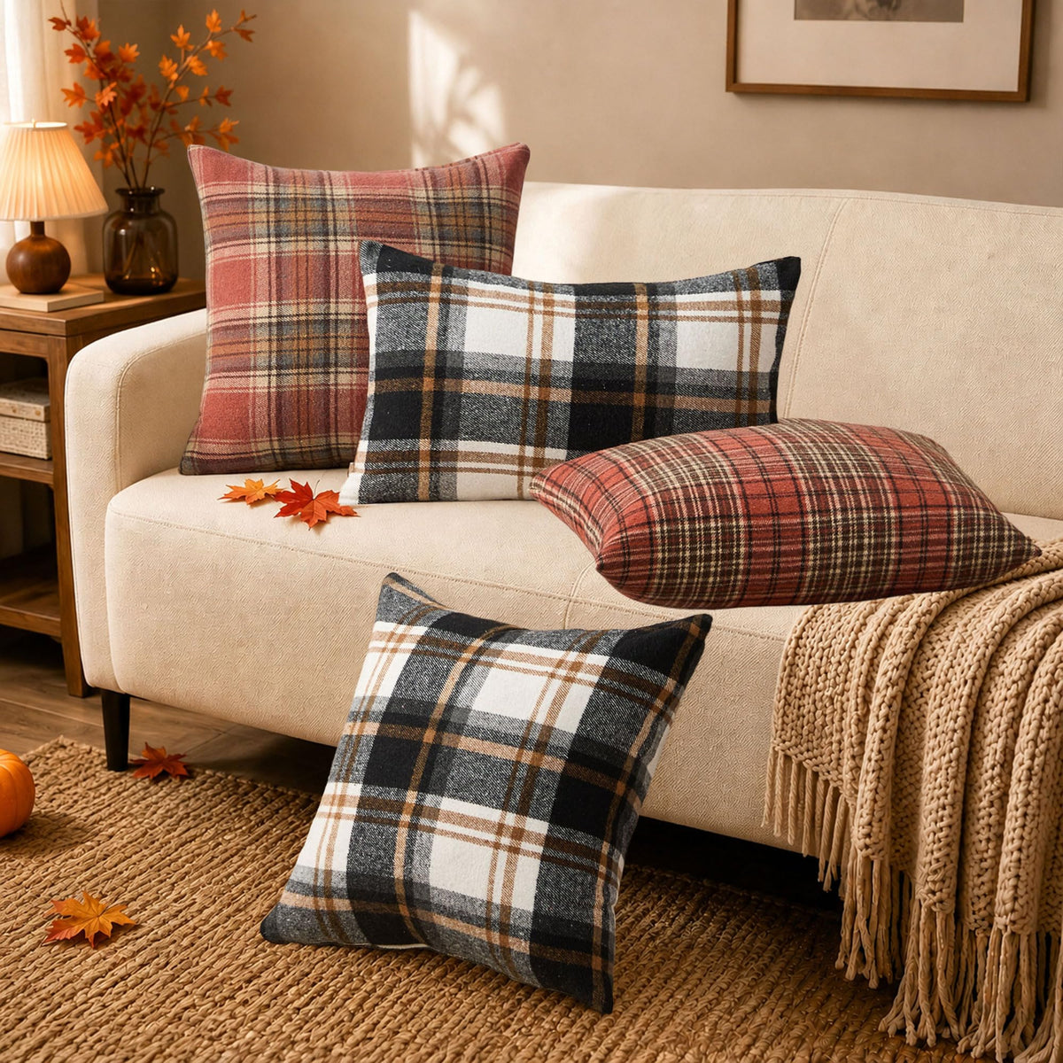 KUYZT Fall Plaid Pillow Covers 18x18 Set of 2 Black Beige Buffalo Plaid Decorative Outdoor Pillowcases Farmhouse Rustic Home Decor for Couch Sofa Bedroom Chair Garden QZ002A18